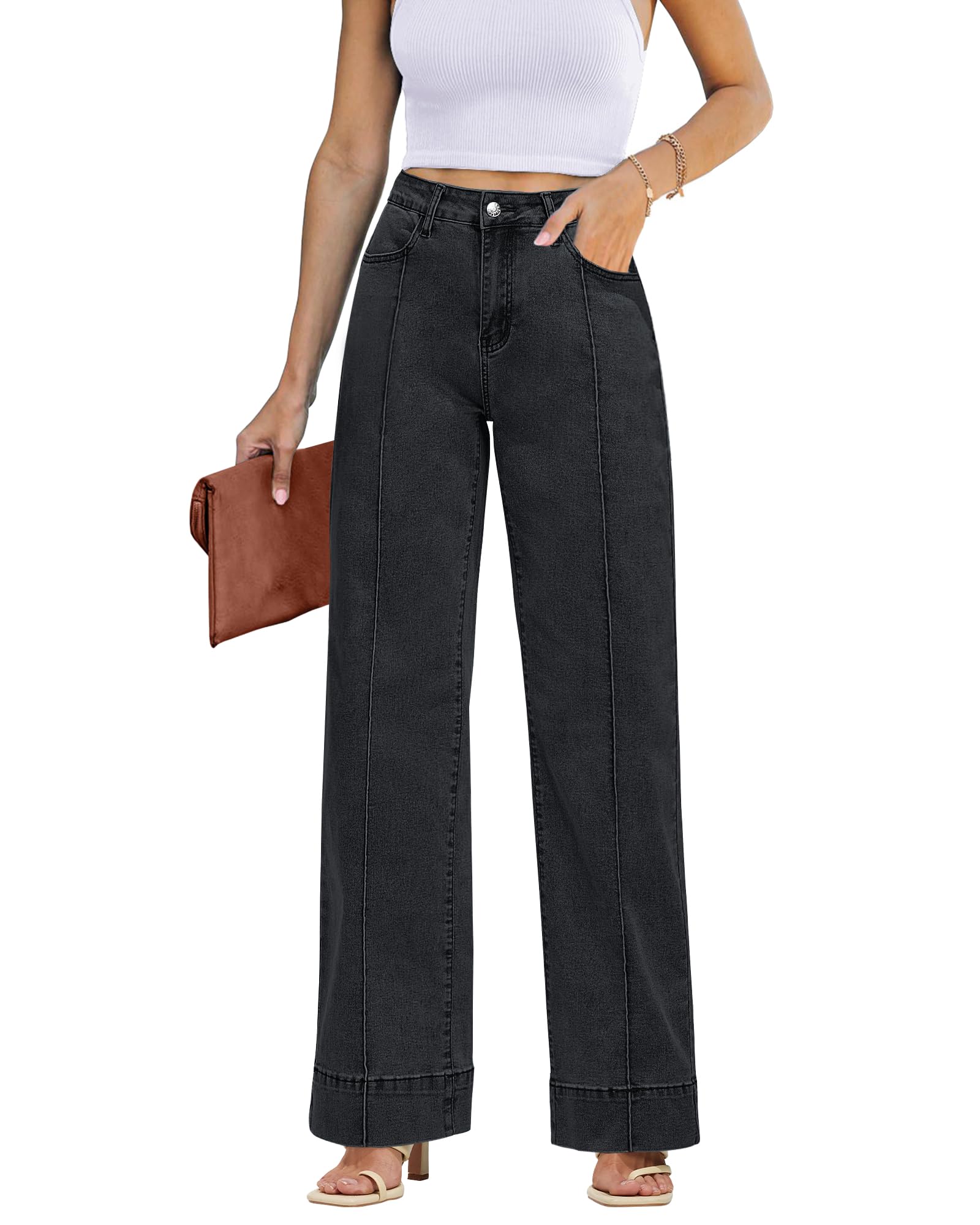 Luvamia Women's Wide Leg High Waist Stretchy Denim Jeans - Trendy Straight Leg Baggy Pants for Casual Outfits & Street Style Fashion