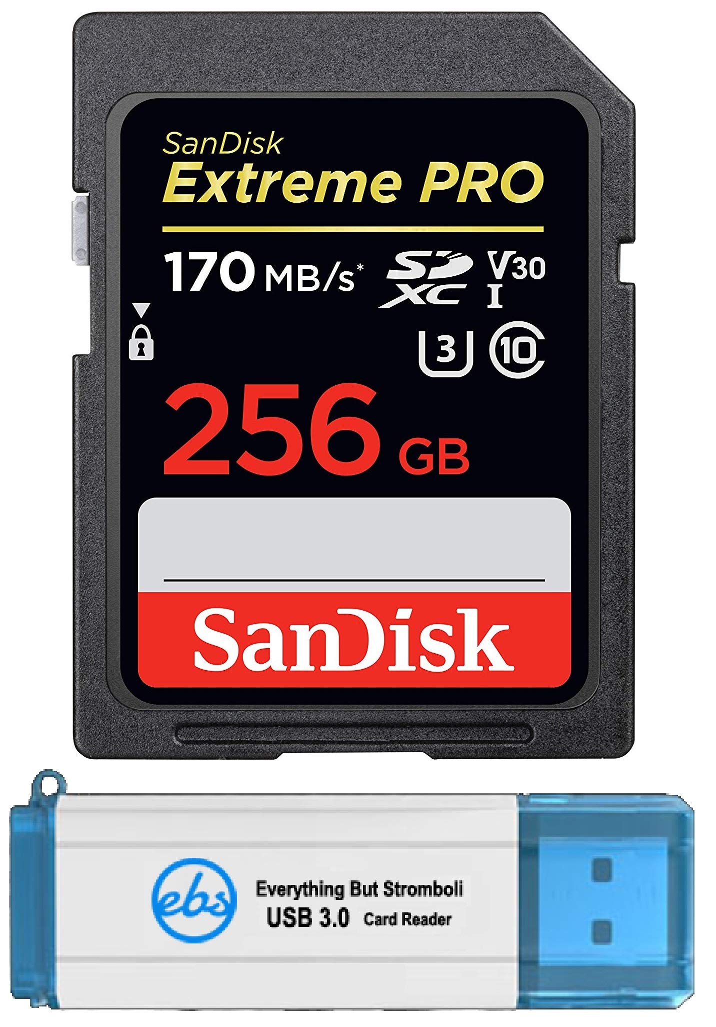 SanDisk 256GB Extreme Pro SDXC UHS-I V30 Class 10 Memory Card - High Speed for 4K Video, Compatible with Nikon Z FC Mirrorless Camera (SDSDXXY-256G-GN4IN) - Bundle with Everything But Stromboli 3.0 SD & Micro Card Reader - Perfect for Professional Photography, Action Cameras & Drone Footage Storage