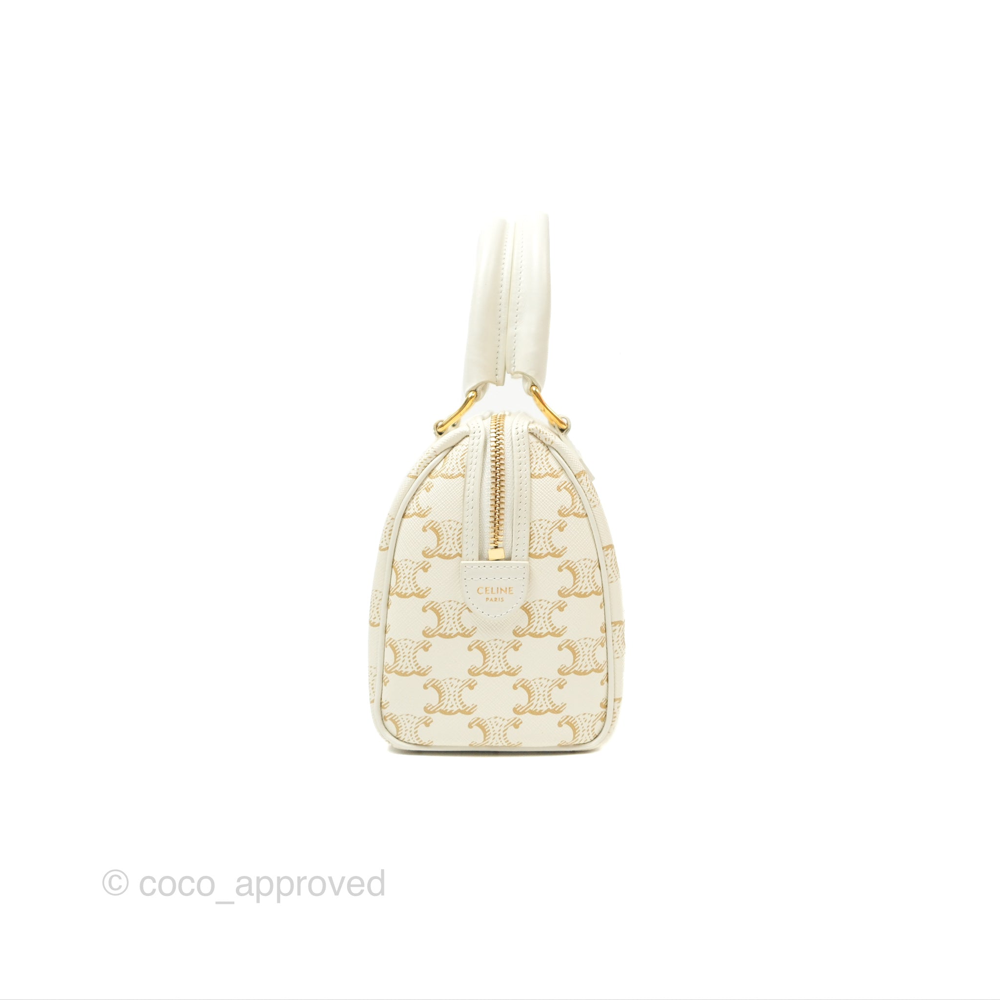 Celine Small Triomphe Canvas Boston Bag in White Calfskin Leather - Luxury Crossbody Handbag for Women, Perfect for Work, Travel & Everyday Use
