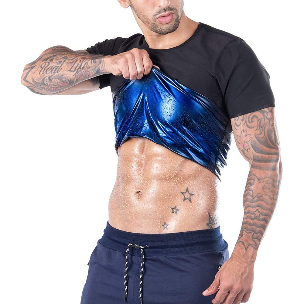 Likense Men's Sauna Heat Trapping T-Shirt - Waist Trainer Shirt for Workout & Training - Moisture Wicking Short Sleeve Top for Gym, Running & Weight Loss