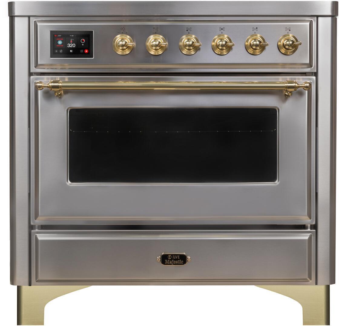 ILVE Majestic II 36 Inch Electric Range - Stainless Steel with Brass Trim - UMI09NS3SSG - Professional Kitchen Appliance for Home Chefs & Cooking Enthusiasts