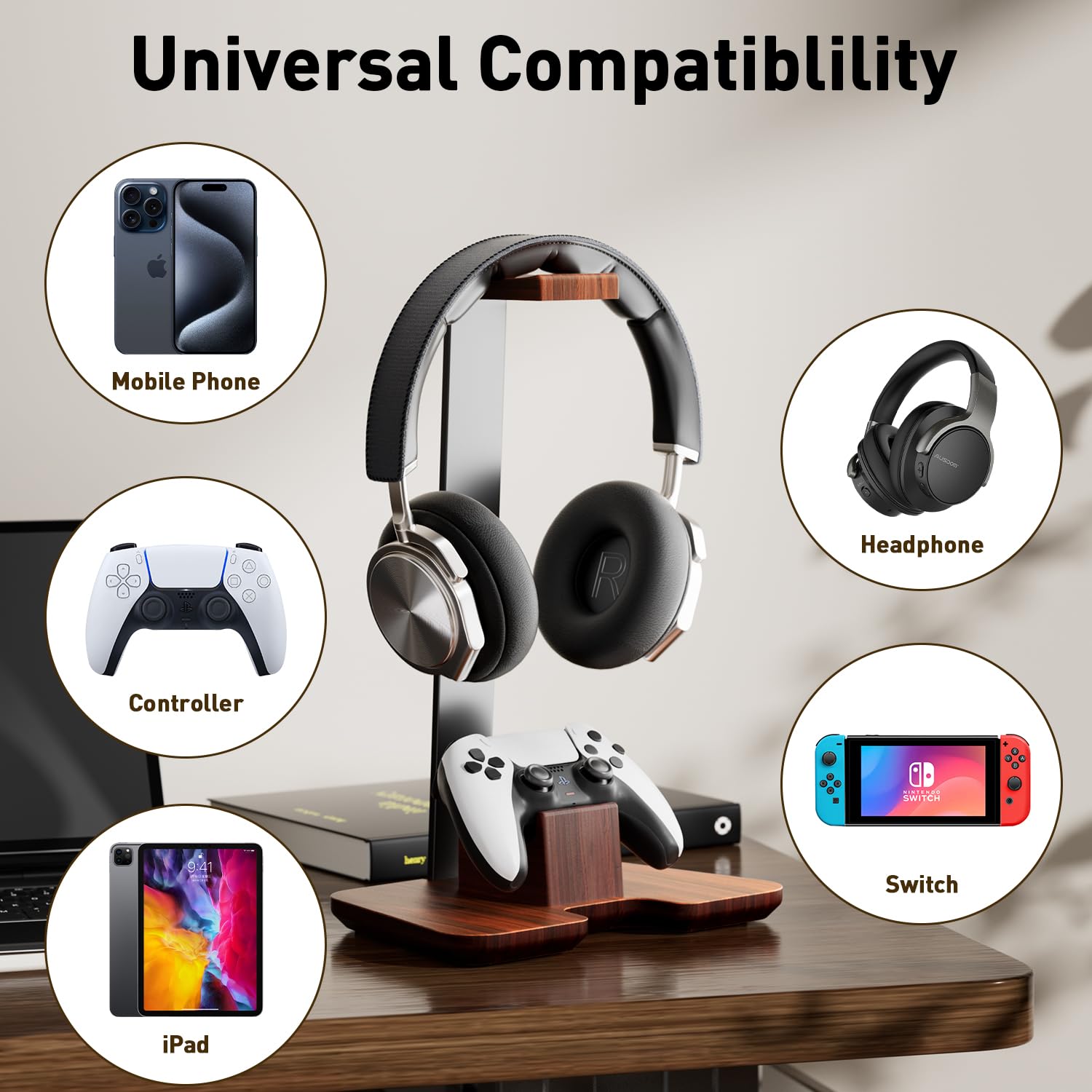 Premium Wooden Controller & Headphone Stand - Gaming Desk Organizer for PC, PS5, Xbox Accessories - Perfect for Gaming Setup & Office Workspace