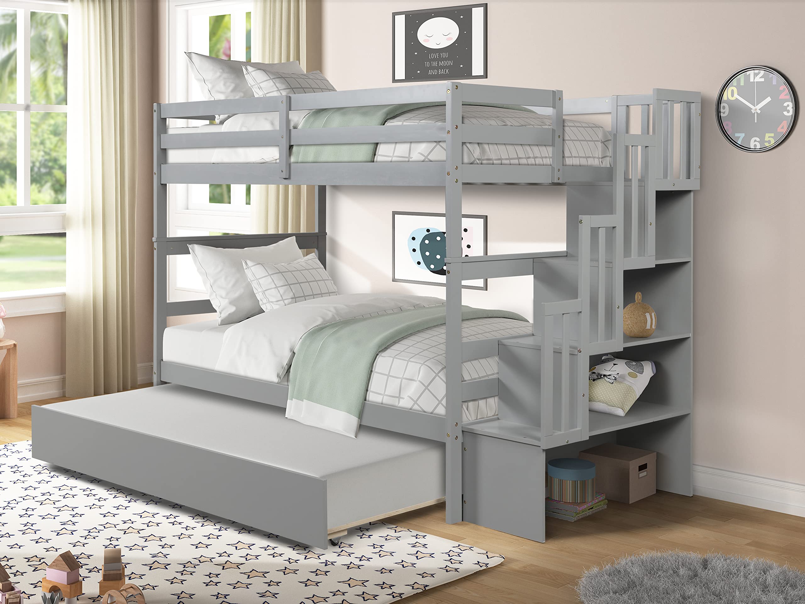 Harper & Bright Designs Twin Over Twin Bunk Bed with Trundle & Storage Shelf - Solid Wood Staircase Bunk Bed for Kids, Teens & Adults - Space-Saving Grey Bunk Bed for Small Rooms, Guest Rooms & Vacation Homes - No Box Spring Needed