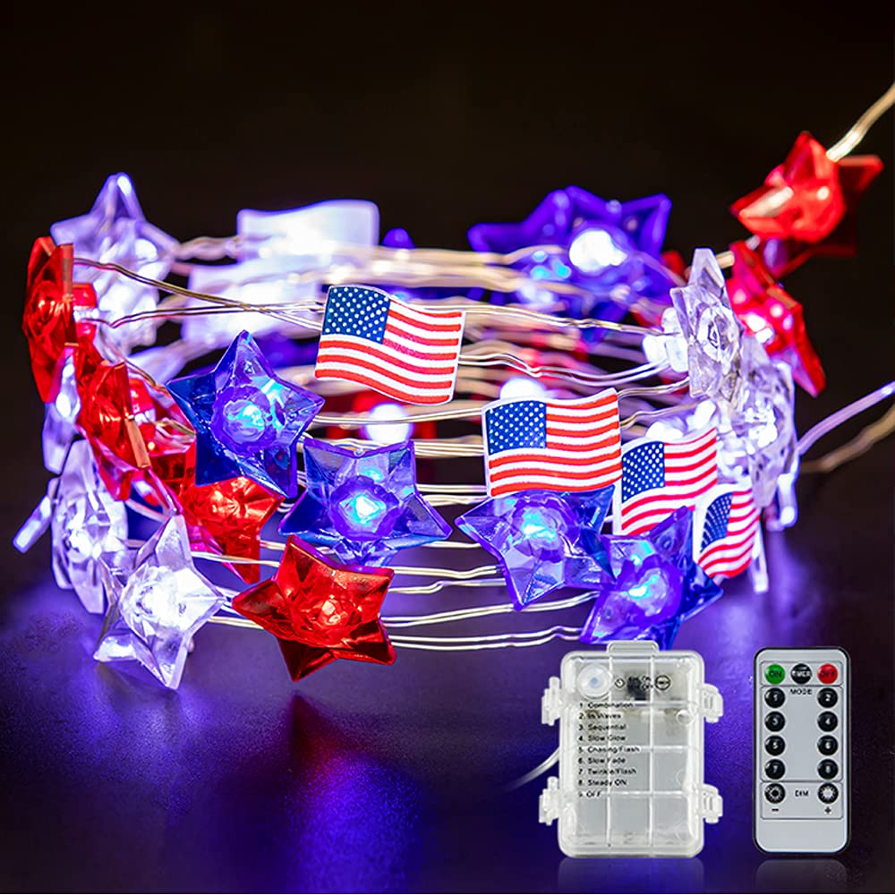 USA Flag Patriotic LED String Lights - 13.8 Ft Red White Blue Stars Lights for 4th of July, Independence Day, Memorial Day Decorations | Perfect for Home, Party, Garden, and Outdoor Patriotic Celebrations