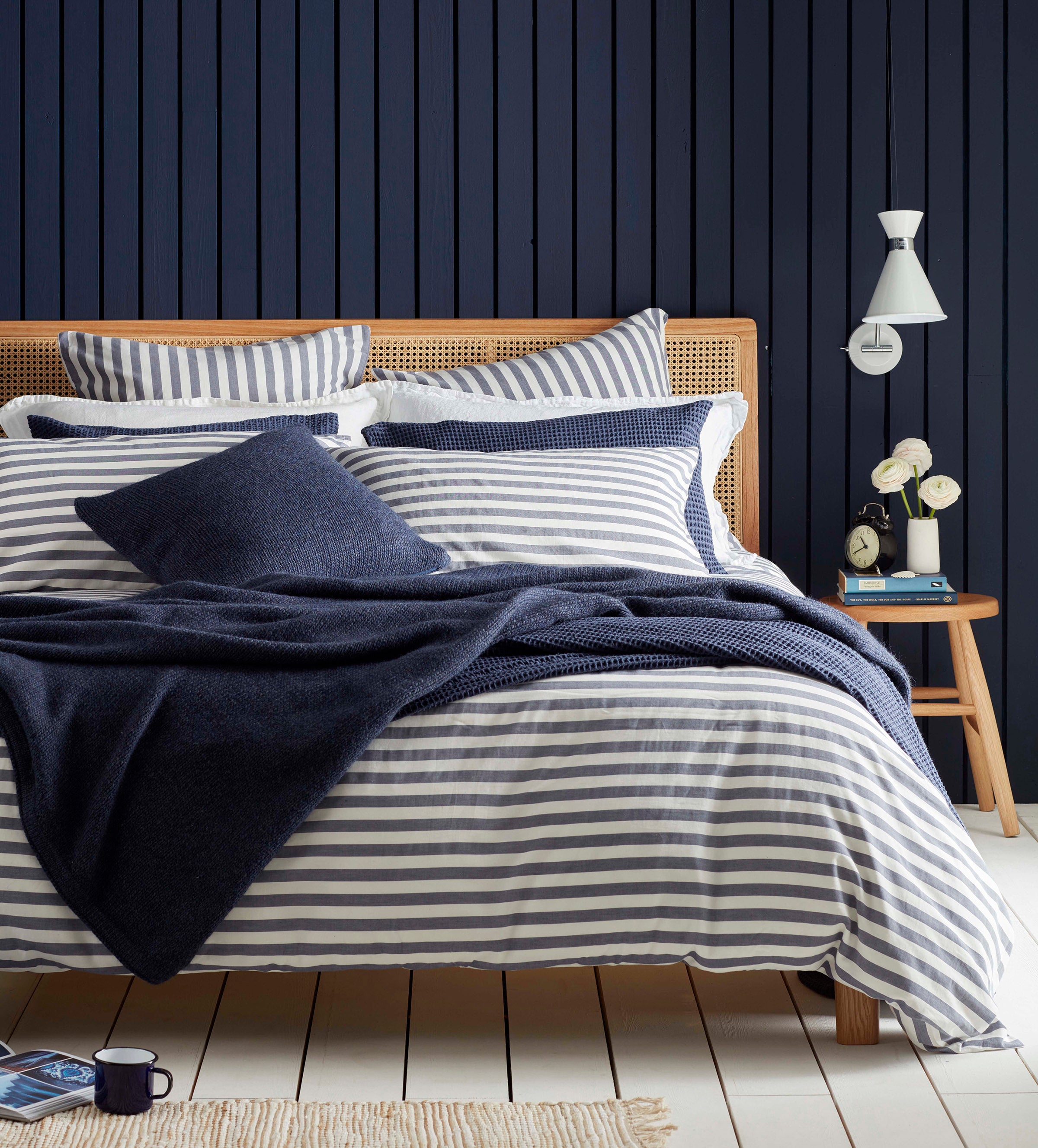 Navy Blue Coastal Stripe 100% Cotton Bed Sheet Set - Soft Breathable Bedding for Comfortable Sleep - Perfect for Beach House, Guest Room & Coastal Decor