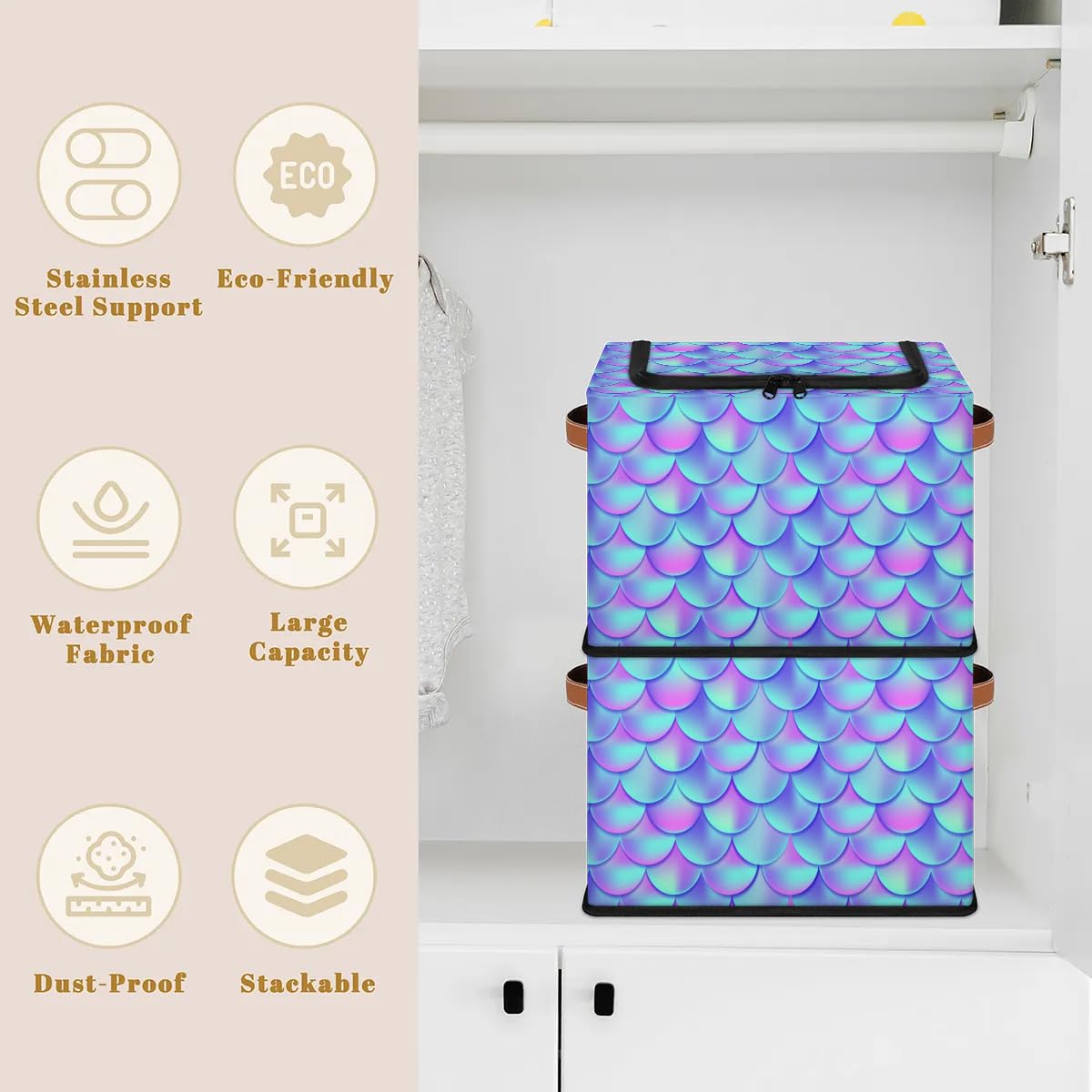 Colorful Fish Scale Pattern Zippered Storage Bins - Foldable Fabric Closet Organizer with Handles (2-Pack) for Clothes, Blankets, Toys - Perfect for Bedroom, Nursery & Closet Organization