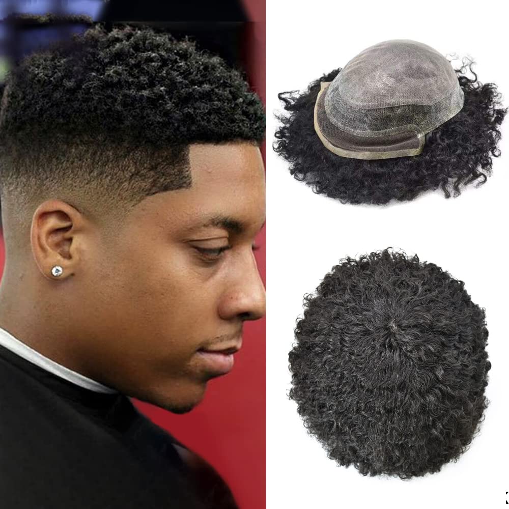 100% Human Hair Afro Toupee for Black Men - Kinky Curly Man Weave Hair System - African American Hairpiece (AFRO-PU-B 8