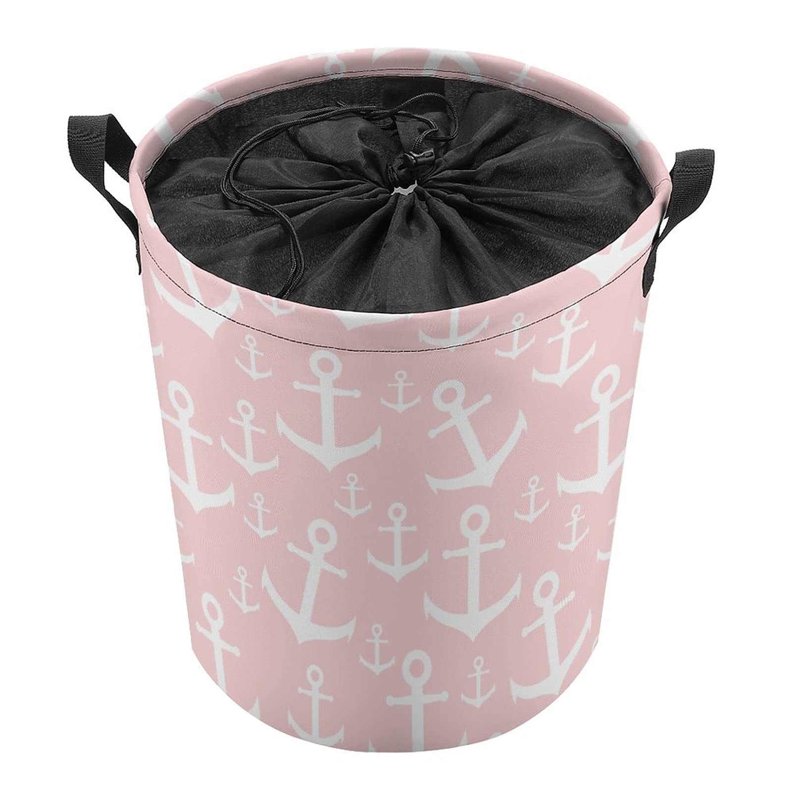Collapsible Nautical Laundry Basket with Handle - Pink & White Anchor Design for Bedroom, Nursery, Kids
