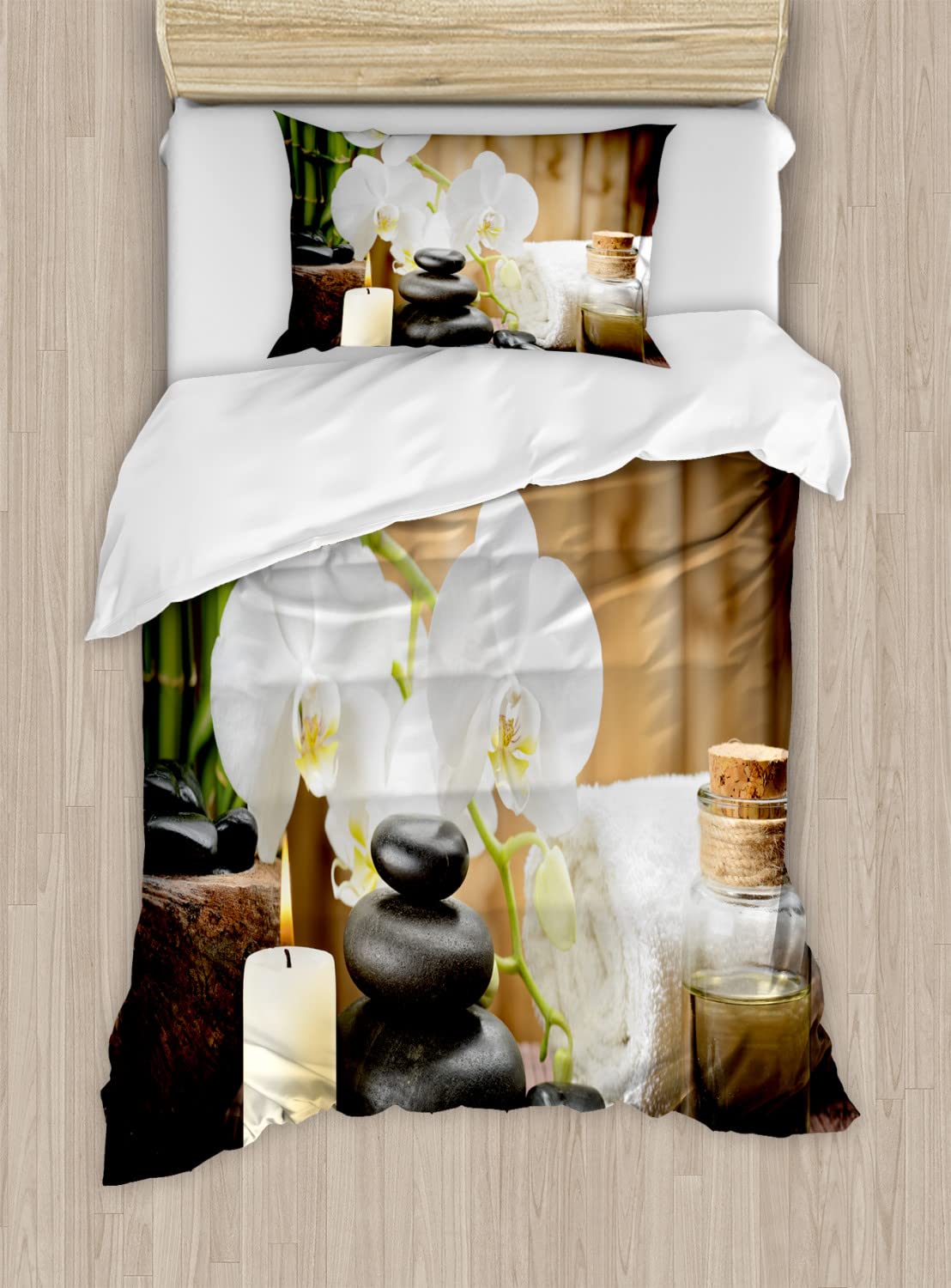 Ambesonne Spa Themed Duvet Cover Set - Relaxing Stone, Candle, Flower & Branch Print - 2 Duvet Covers & 4 Pillowcases - 2 Pack California King Size - White Black Green - Perfect for Bedroom, Guest Room & Spa Retreats