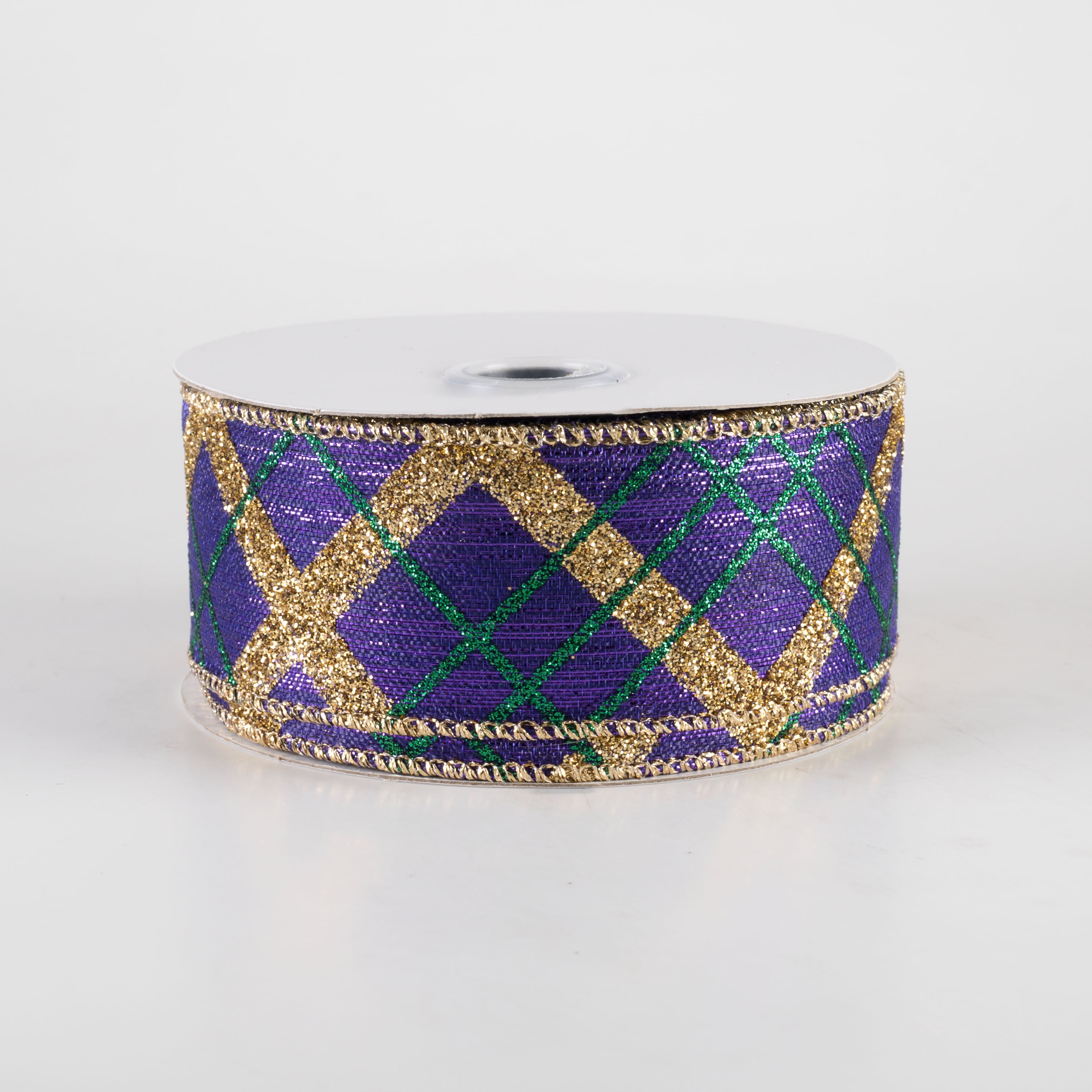 1.5 Inch Glitter Diagonal Plaid Ribbon - Purple Mardi Gras Decorative Ribbon (10 Yards) for Gift Wrapping, Party Decorations, DIY Crafts & Hair Bows