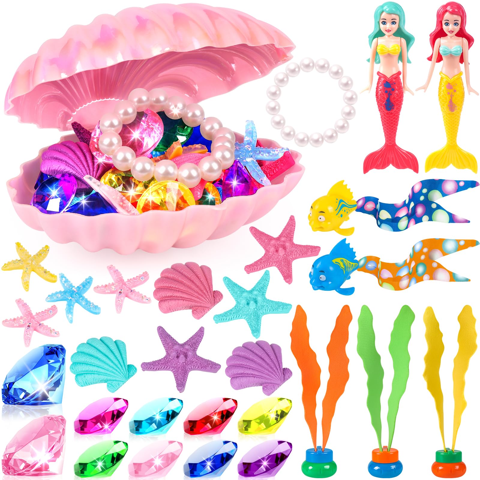 31Pcs Mermaid Pool Toys Set with Shell Treasure Chests & Storage Bag - Diving Toys for Kids Swimming Games | Summer Water Toys Gift for Toddlers Boys & Girls | Perfect for Pool Parties, Beach Trips & Backyard Fun