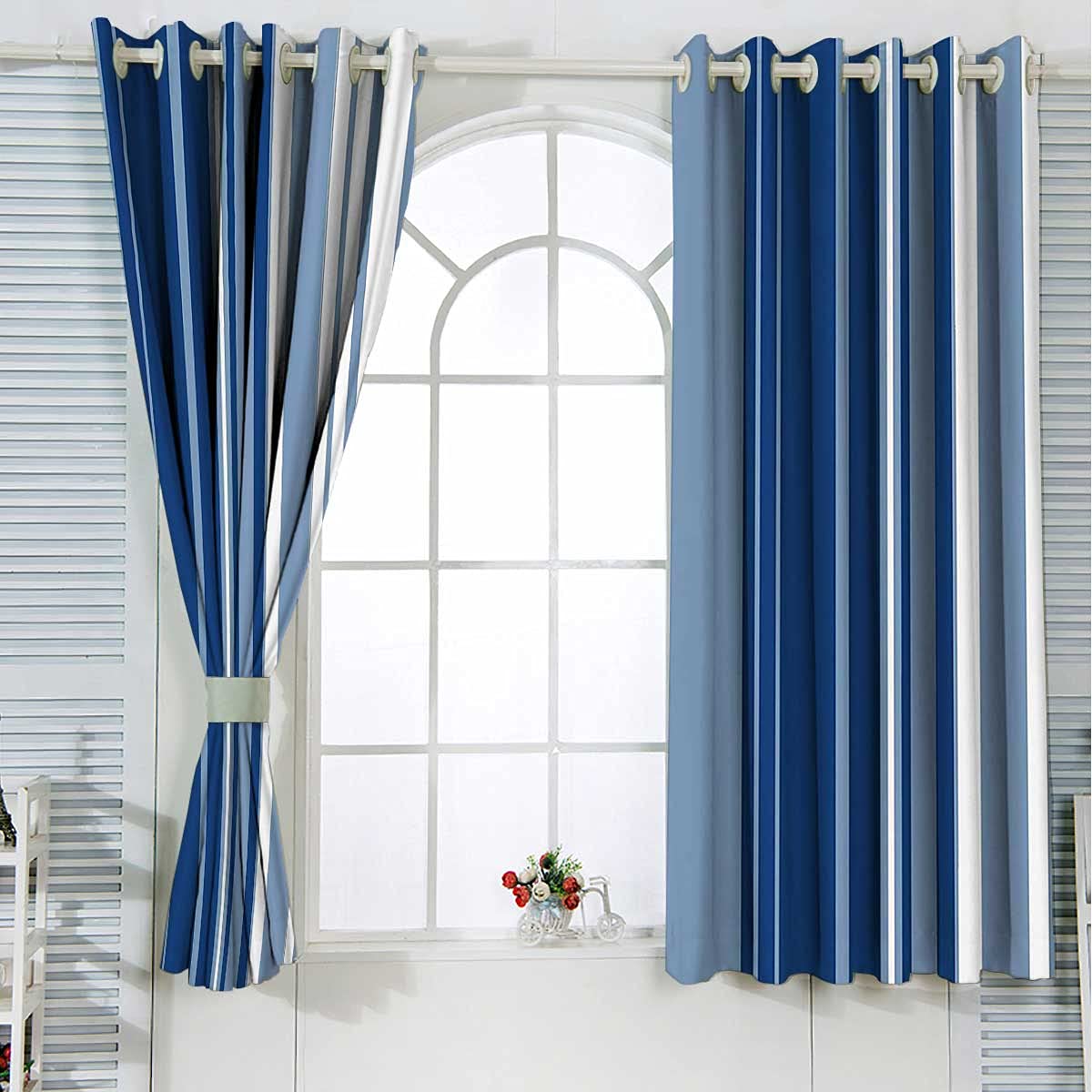 Farmhouse Striped Curtains - Slate, Navy Blue & White Window Drapes for Bedroom & Living Room - 2 Panels Set (36