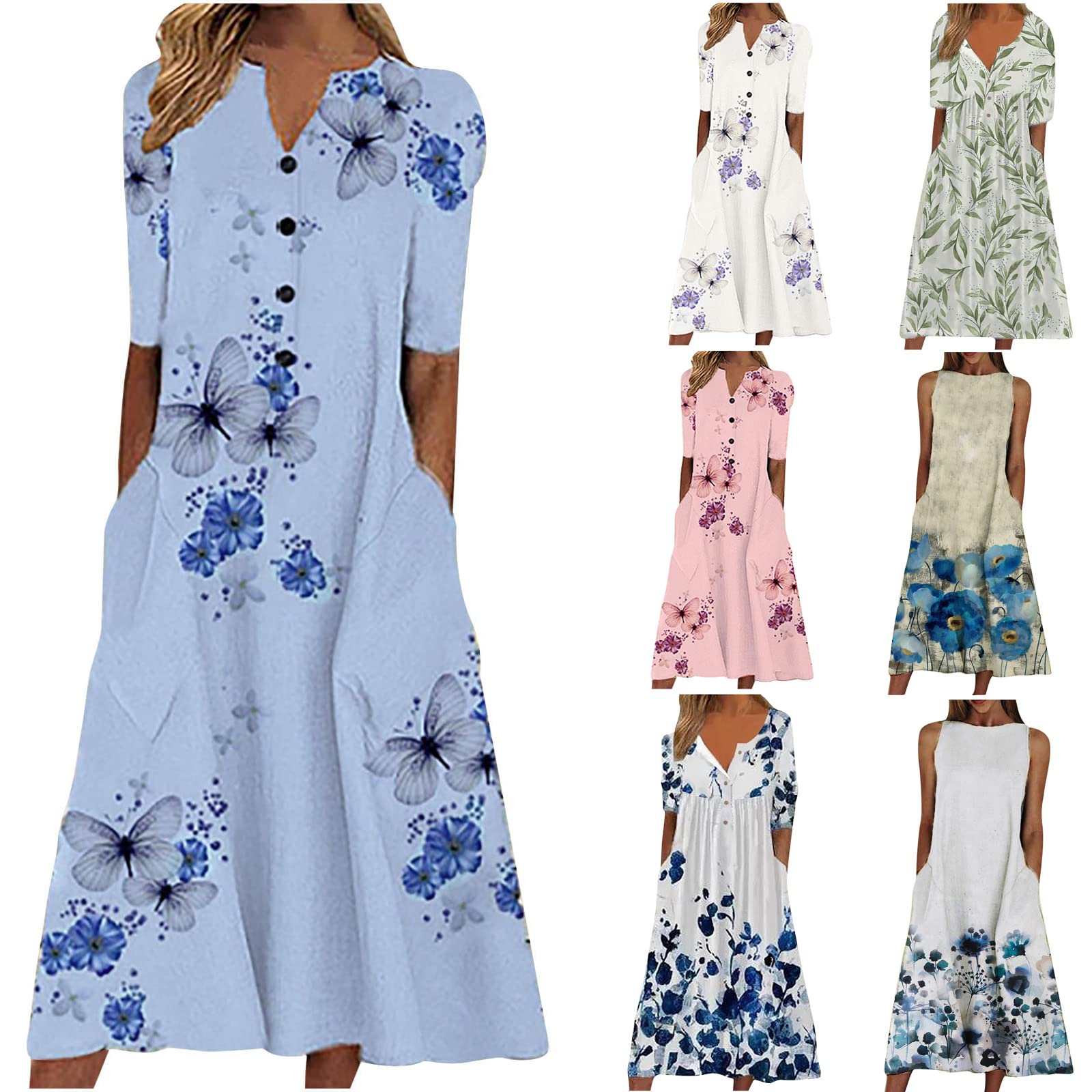 Women's Floral Print V-Neck Button Sundress with Pockets - Casual Loose Fit Short Sleeve Summer Dress for Beach, Vacation & Outdoor Activities