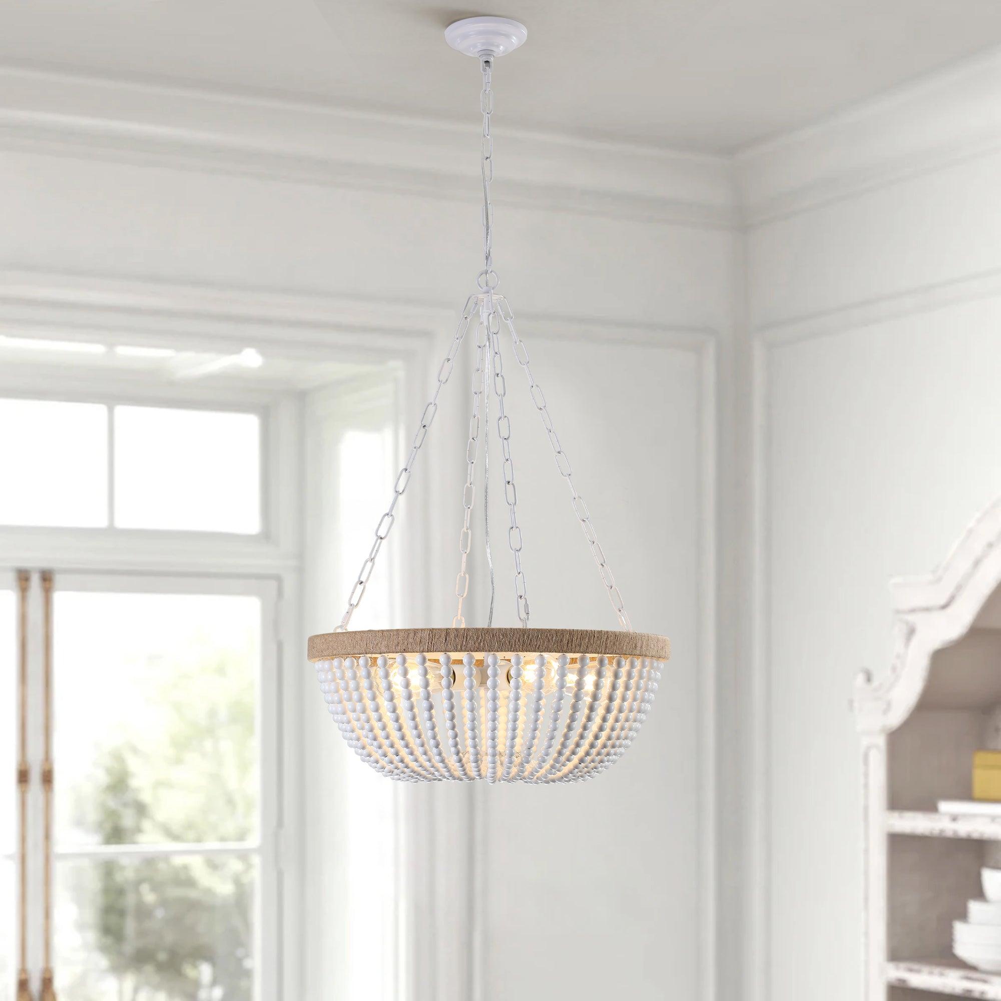 Bohemian Style Wood Beaded Chandelier - Handcrafted Oak Wood Pendant Light with White Beads | Perfect for Living Room, Bedroom, or Dining Room Decor