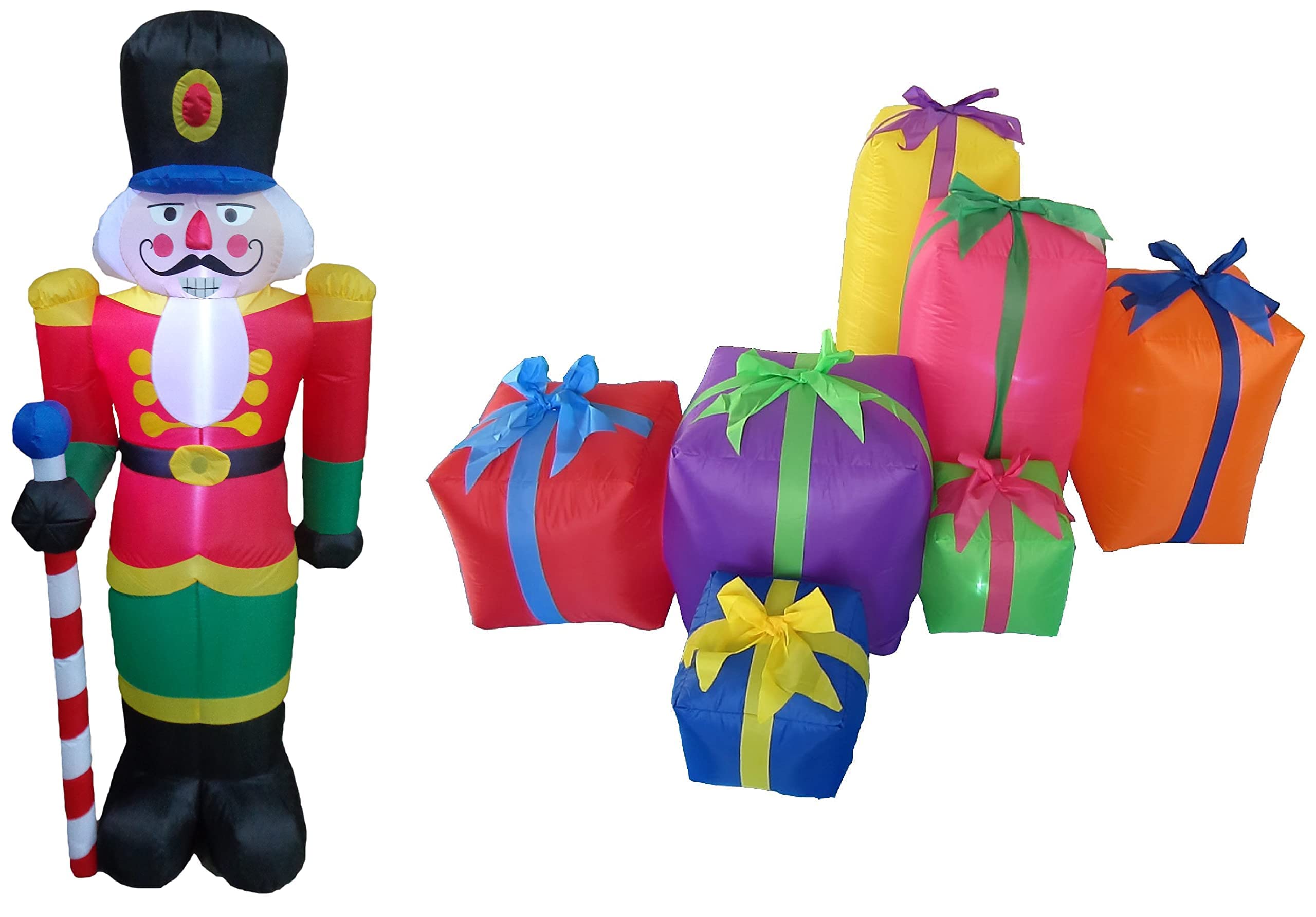 6ft Tall Inflatable Nutcracker Soldier & 6ft Long Multicolor Gift Boxes - Christmas Party Decorations Bundle with LED Lights for Indoor Outdoor Holiday Decor, Yard, Lawn, Home, Office & Festive Events
