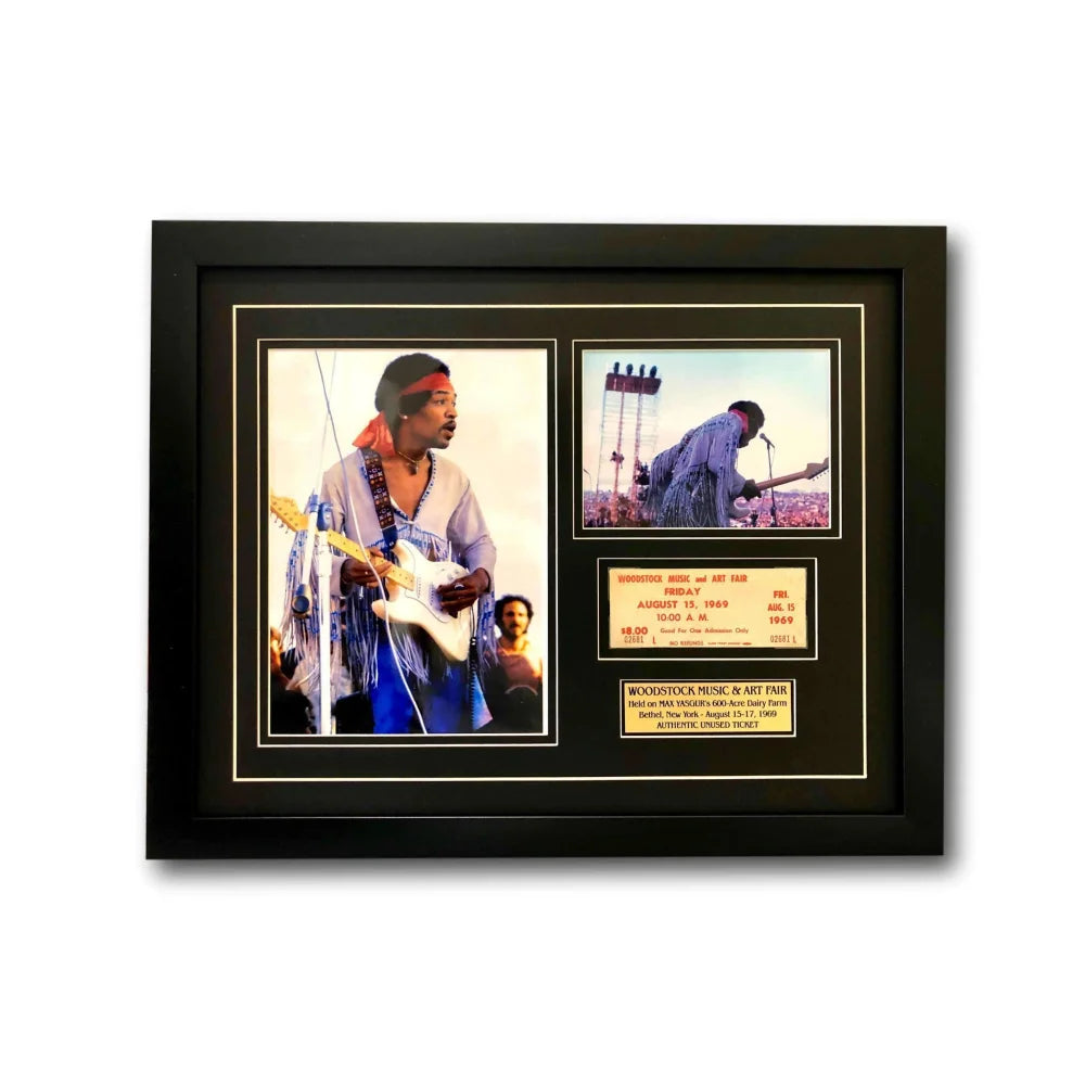 Authentic Jimi Hendrix Woodstock 1969 Framed Ticket Collage with COA - 16x26 Vintage Concert Memorabilia - Perfect for Music Lovers' Home Decor & Rock Collection Display