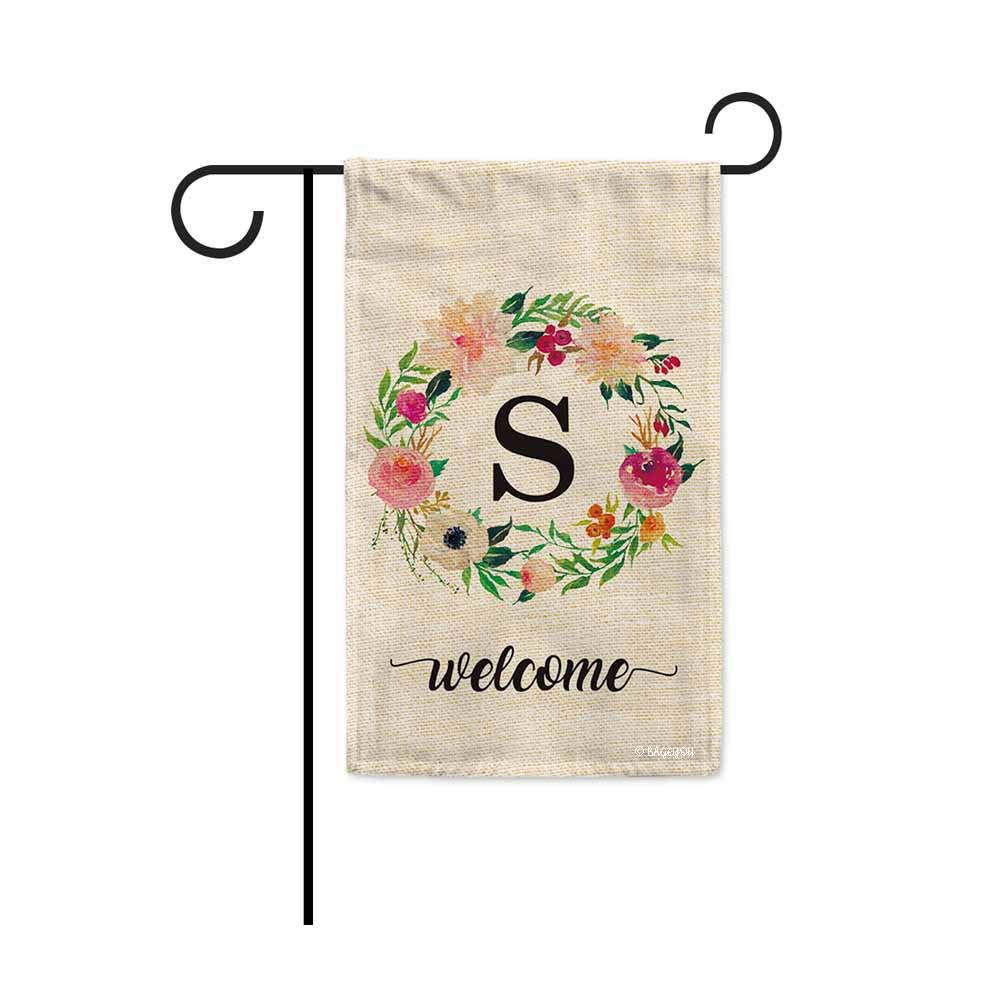 BAGEYOU Spring Watercolor Floral Wreath Garden Flag - Double Sided 12.5x18 Inch Outdoor Decor with Monogram Letter S | Perfect for Porch, Yard & Seasonal Home Decoration