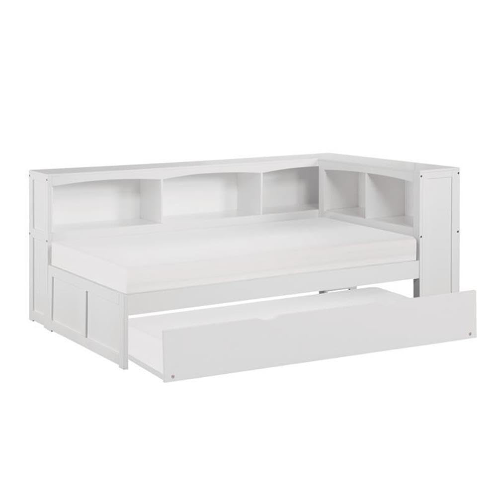 Pemberly Row Transitional 5-Shelf Wood Twin Bookcase Corner Bed in White - Perfect for Kids Bedroom, Nursery or Small Space Storage Solution