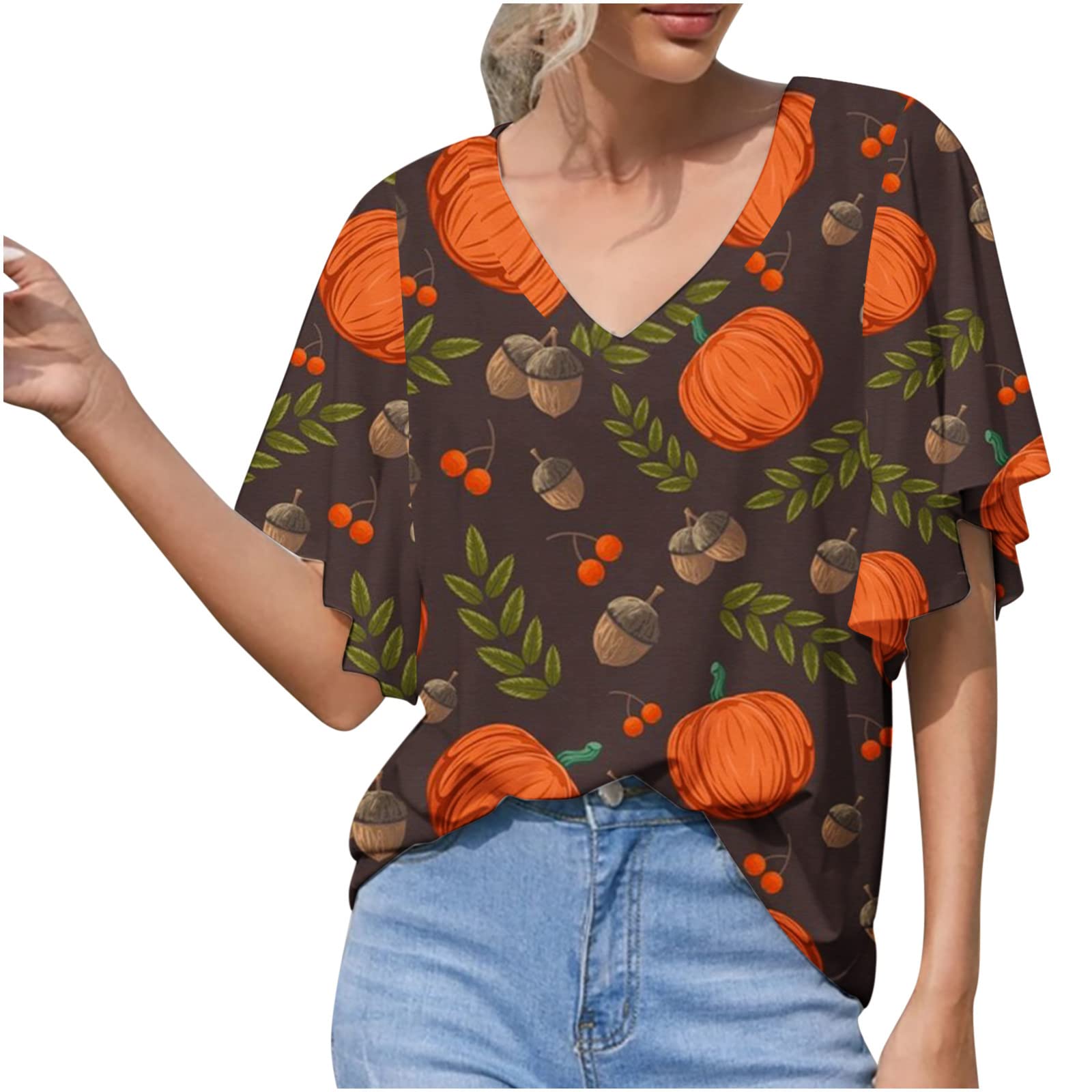 Women's Plus Size V-Neck Short Sleeve T-Shirt - Casual Loose Fit Pumpkin Print Halloween Top for Women | Perfect for Fall Outfits, Halloween Costumes & Everyday Wear