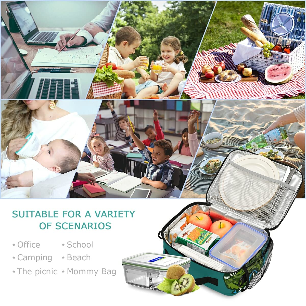 Dinosaur Lunch Box for Kids - Insulated Cooler Bag with Adjustable Shoulder Strap, Cute Surfer Dino Design - Perfect for School, Picnic, Beach & Skateboarding