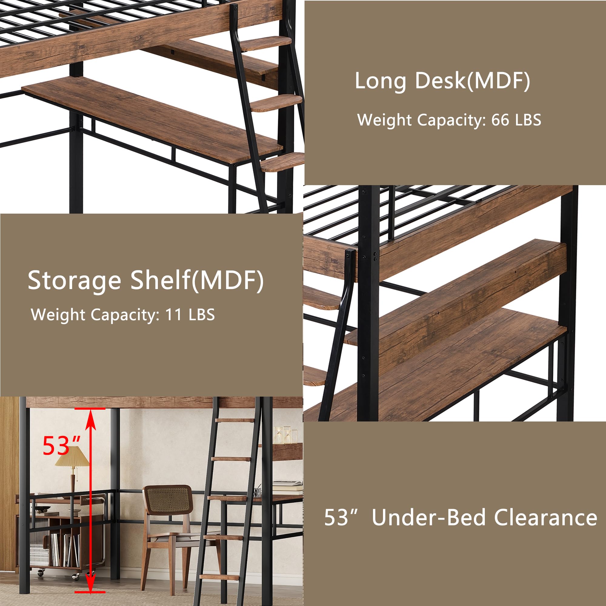 Full Size Loft Bed with Desk & Storage Shelf - Sturdy Metal Frame, Built-in Ladder & Safety Guardrail - Space-Saving Black Loft Bed for Kids & Teens - Perfect for Small Bedrooms, Dorms & Studio Apartments