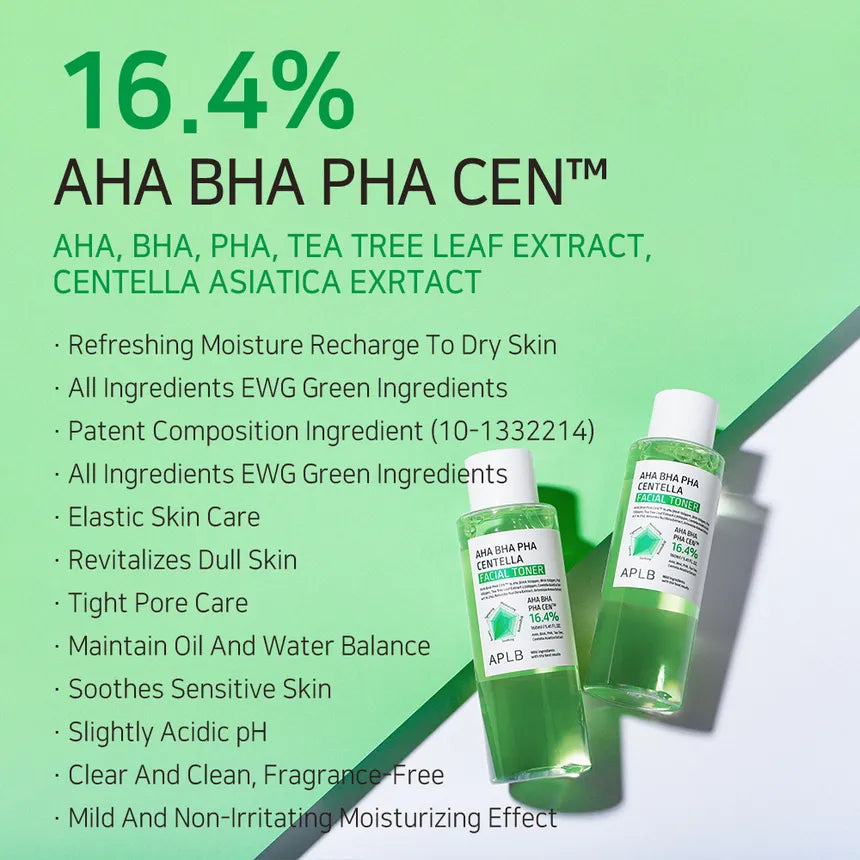 APLB AHA BHA PHA Centella Facial Toner 160ml - Korean Skin Care for Acne, Pores & Brightening | Hydrating & Exfoliating Toner for Sensitive Skin | Daily Use, Morning & Night Routine
