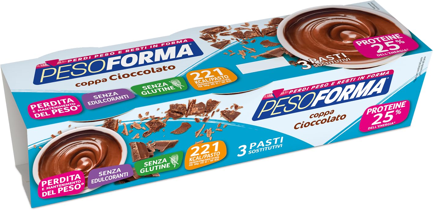 Chocolate Coppa Budino by Pesoforma - 3 Gluten-Free Meal Replacement Shakes for Weight Loss, Only 221 Kcal, High Protein - Perfect for Breakfast, Post-Workout & On-the-Go Nutrition