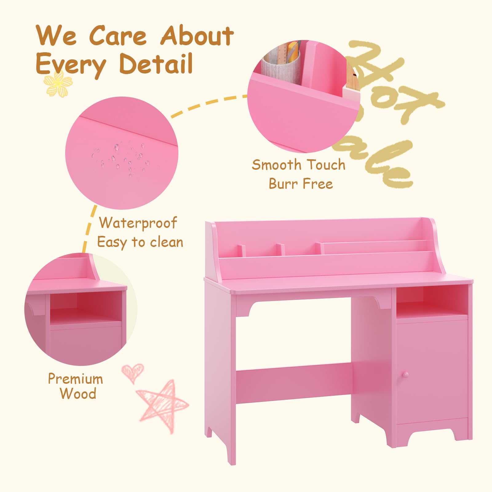 White Kids Desk with Chair - Wooden Study Desk for Boys & Girls, Hutch & Storage Cabinet, Children's Writing Table & Computer Workstation - Perfect for Bedroom, Study Room & Homeschooling (Pink)