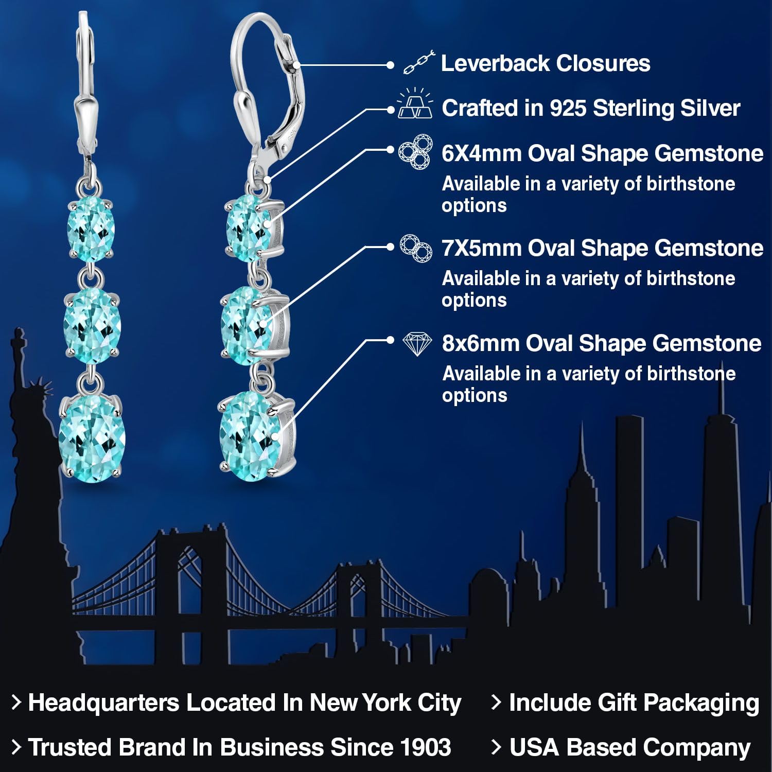 Gem Stone King 3-Stone Leverback Drop Dangle Earrings for Women - 925 Sterling Silver Birthstone Jewelry | Oval 8x6mm, 7x5mm & 6x4mm Gemstones | Elegant Gift for Mom, Wife, Her | Perfect for Birthdays, Anniversaries & Special Occasions