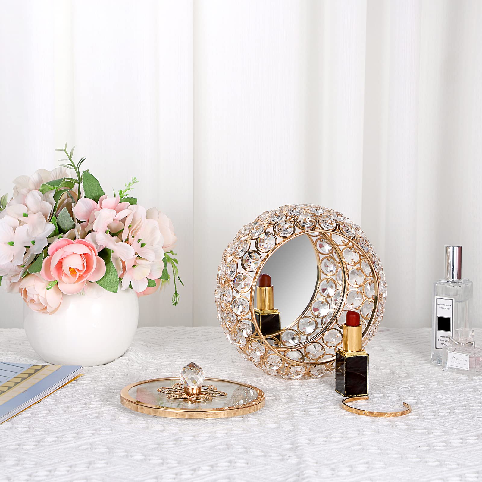 Hipiwe Large Gold Mirrored Jewelry Box with Glass Lid - Crystal Decorative Storage Box for Rings, Earrings, Necklaces - Perfect Gift for Women & Girls - Ideal for Vanity, Dresser, and Travel Organization