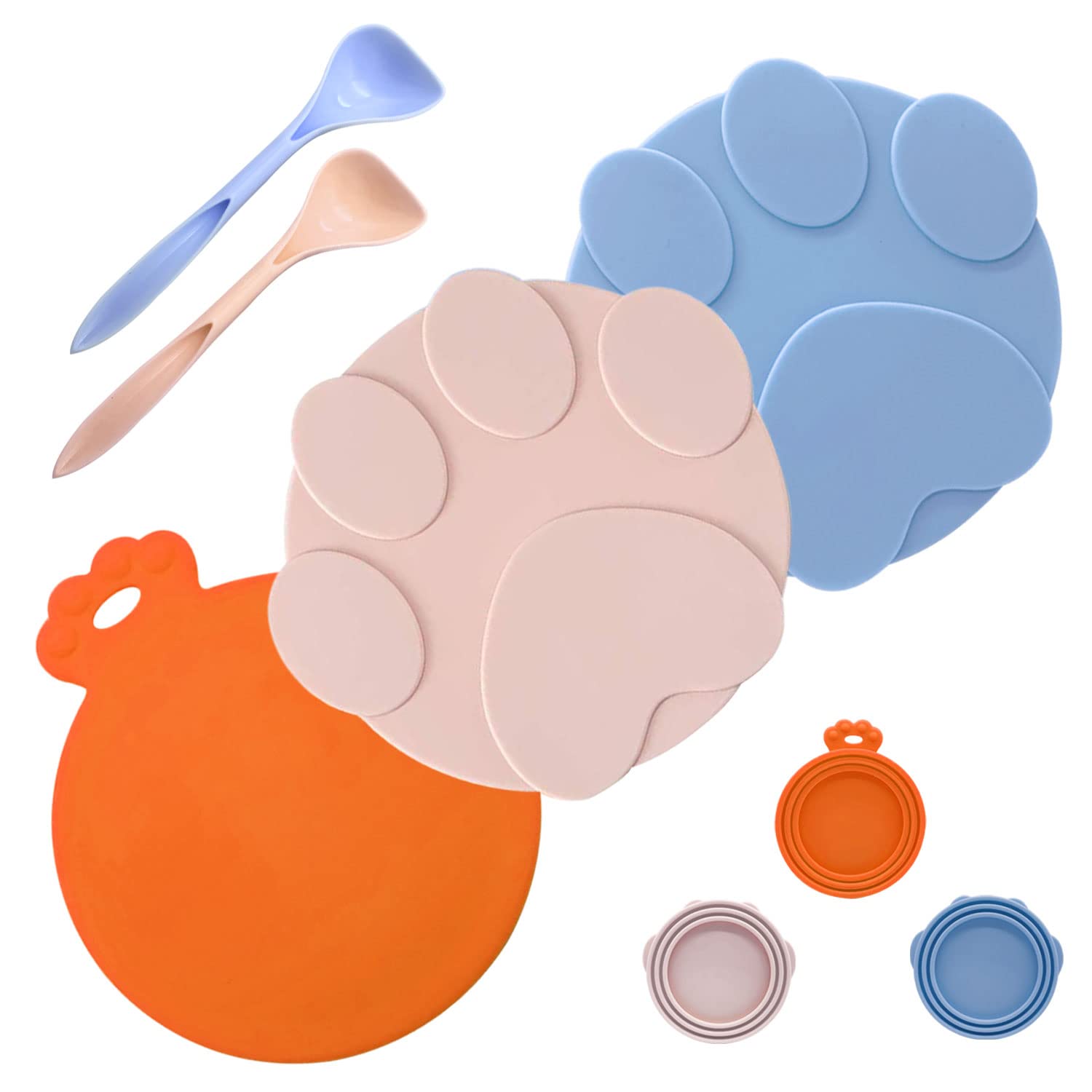 DLDER 3-Piece Universal Silicone Pet Food Can Lids Set with 2 Spoons - Fits Standard Cat & Dog Food Cans - Dishwasher Safe (Blue, Pink, Orange) - Perfect for Fresh Food Storage & Travel Use