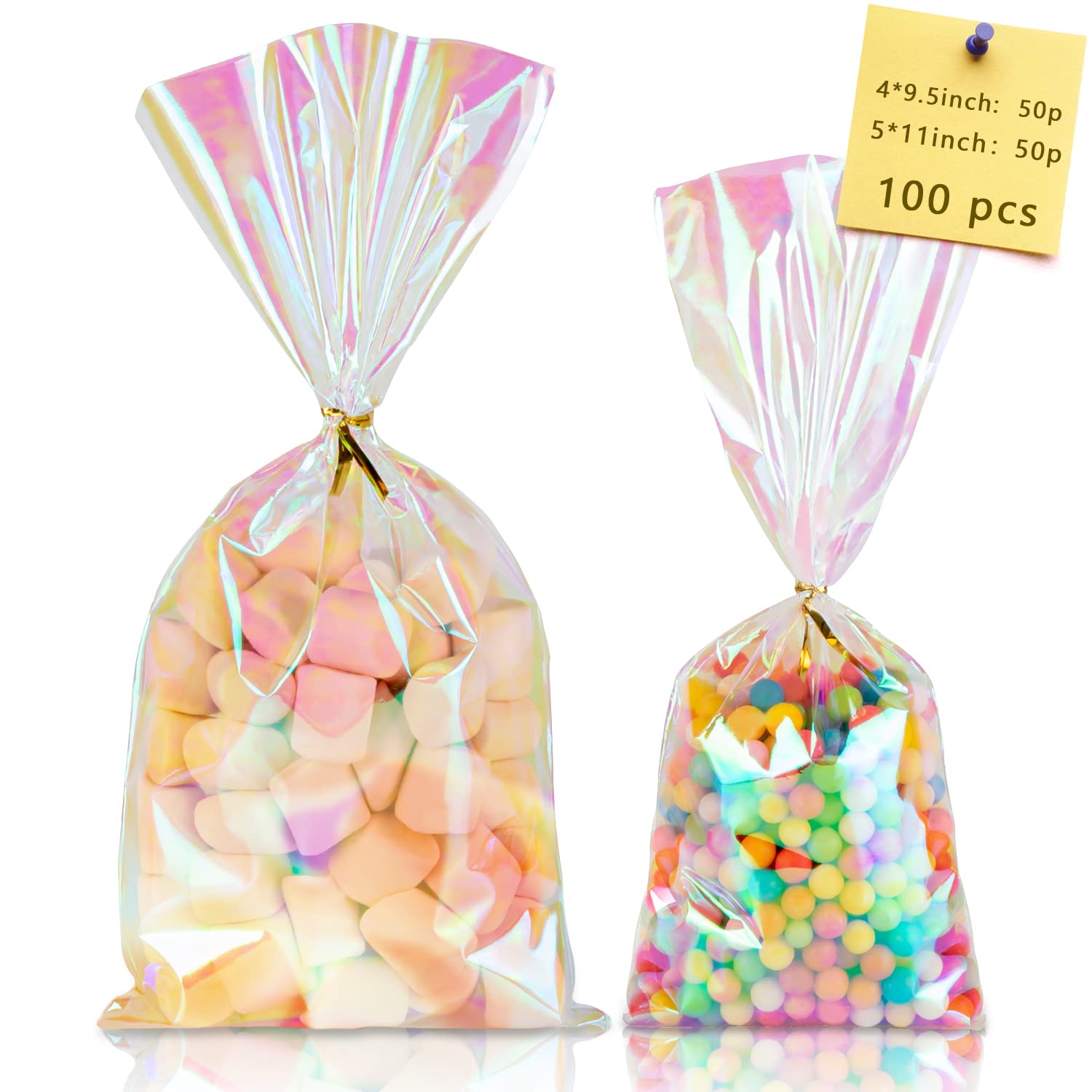 100pcs Iridescent Cellophane Gift Bags - 5×11 & 4×9.5 Holographic Treat Bags with Ties for Candy, Party Favors, Birthday, Wedding, Easter, Christmas & Valentine's Day - Perfect for DIY Gifts, Party Decorations and Holiday Celebrations