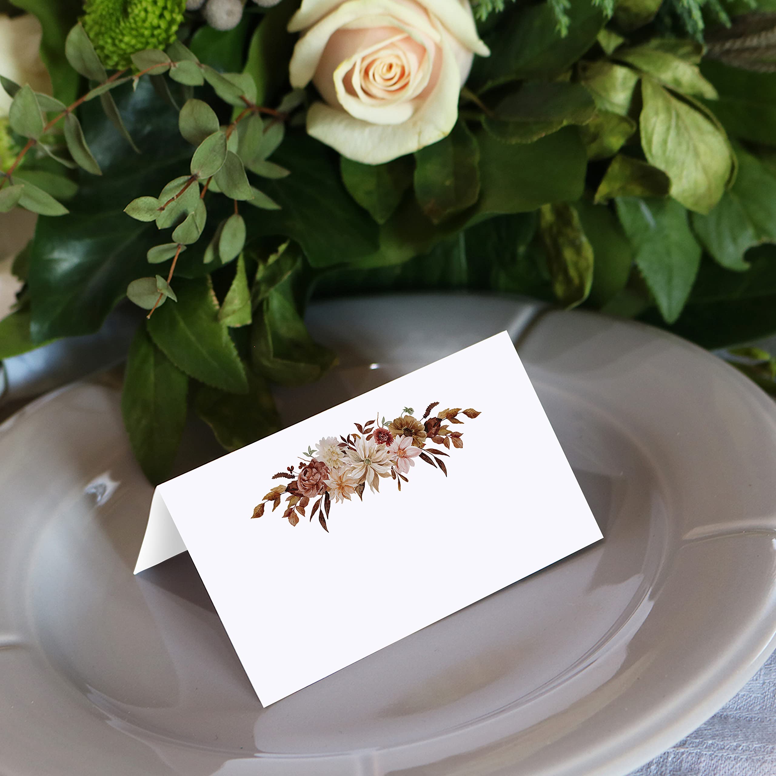321Done Autumn Floral Place Cards - 24 Pack White 3.5x2 Inch Thick Tent Folding Name Seating Cards for Weddings, Dinner Parties, Buffets & Showers | Fall Floral Design | Made in USA | Perfect for Autumn Celebrations & Thanksgiving Table Settings