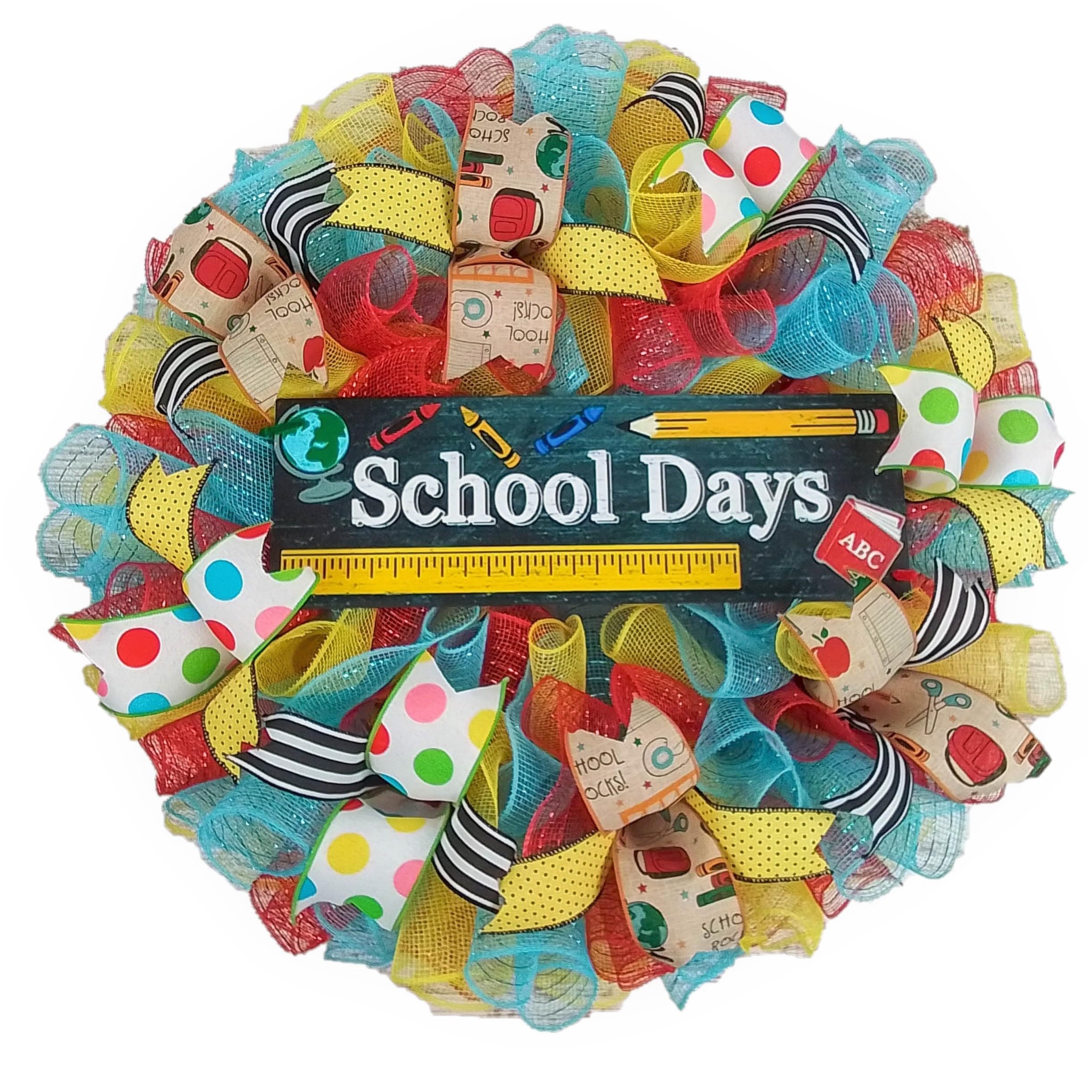 Teacher Gift Wreath - Red, Blue, Yellow, Black Classroom Door Decor for School | Perfect for Teacher Appreciation Week, Back to School & Holiday Decorations
