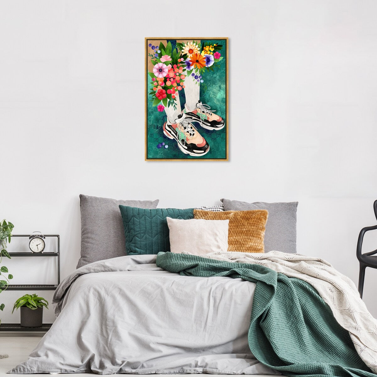 Stylish Floral Sneakers & Socks Set with Modern Green Framed Canvas Wall Art - Perfect for Bedroom Decor and Fashion Outfits | Home & Fashion Combo