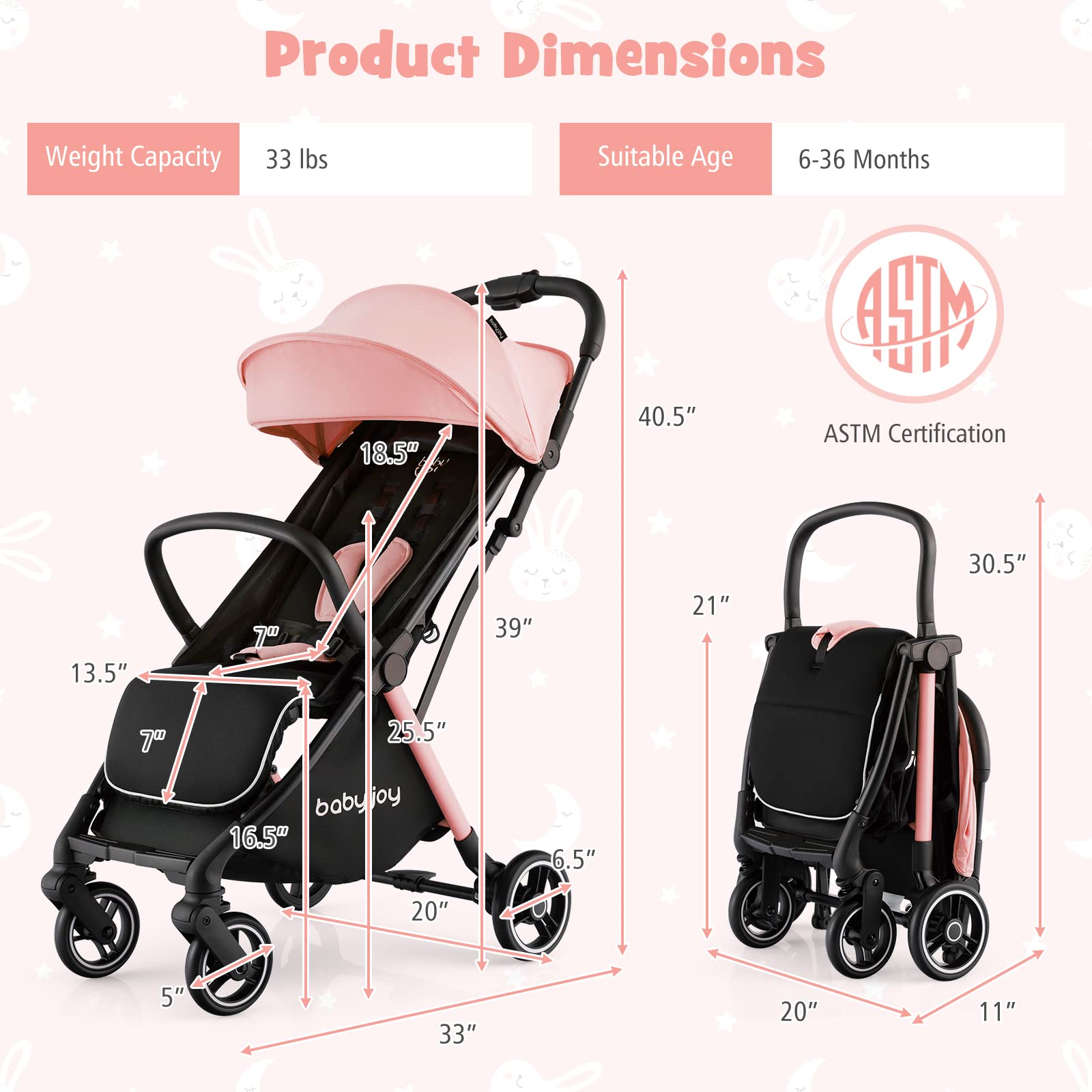 BABY JOY Lightweight Compact Travel Stroller for Airplane - Adjustable Canopy & Backrest, Storage Basket, Self-Standing Gravity Fold Aluminum Frame (Pink) | Perfect for Newborns, Infants & Toddlers - Ideal for Travel, Shopping & Daily Walks