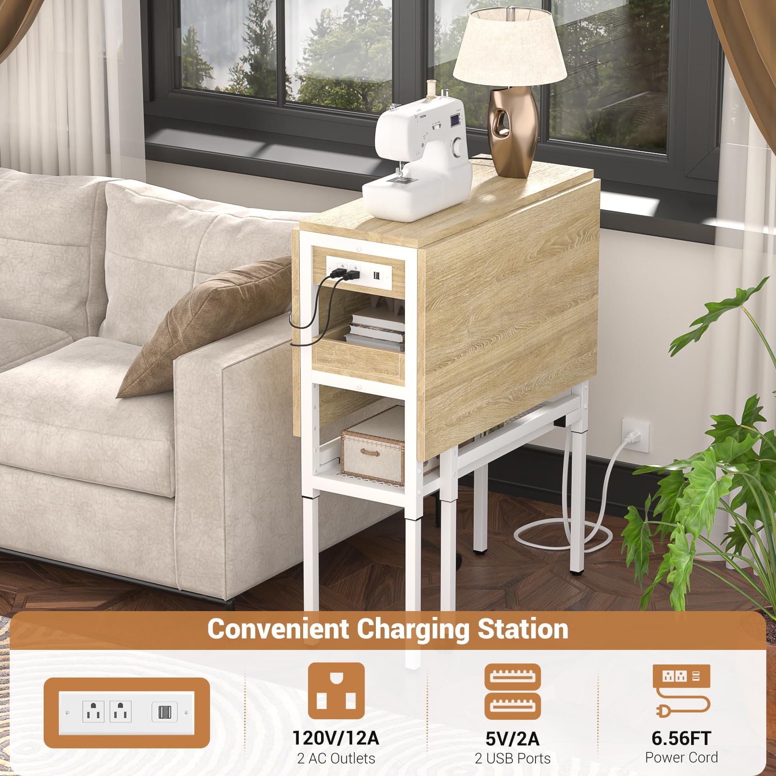 Adjustable Height Folding Sewing Table with USB Charging Station & Storage - 50