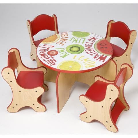 Fresh Fruit Table & 4 Red Chairs Set - Maple Finish Dining Furniture for Kitchen, Breakfast Nook or Outdoor Patio