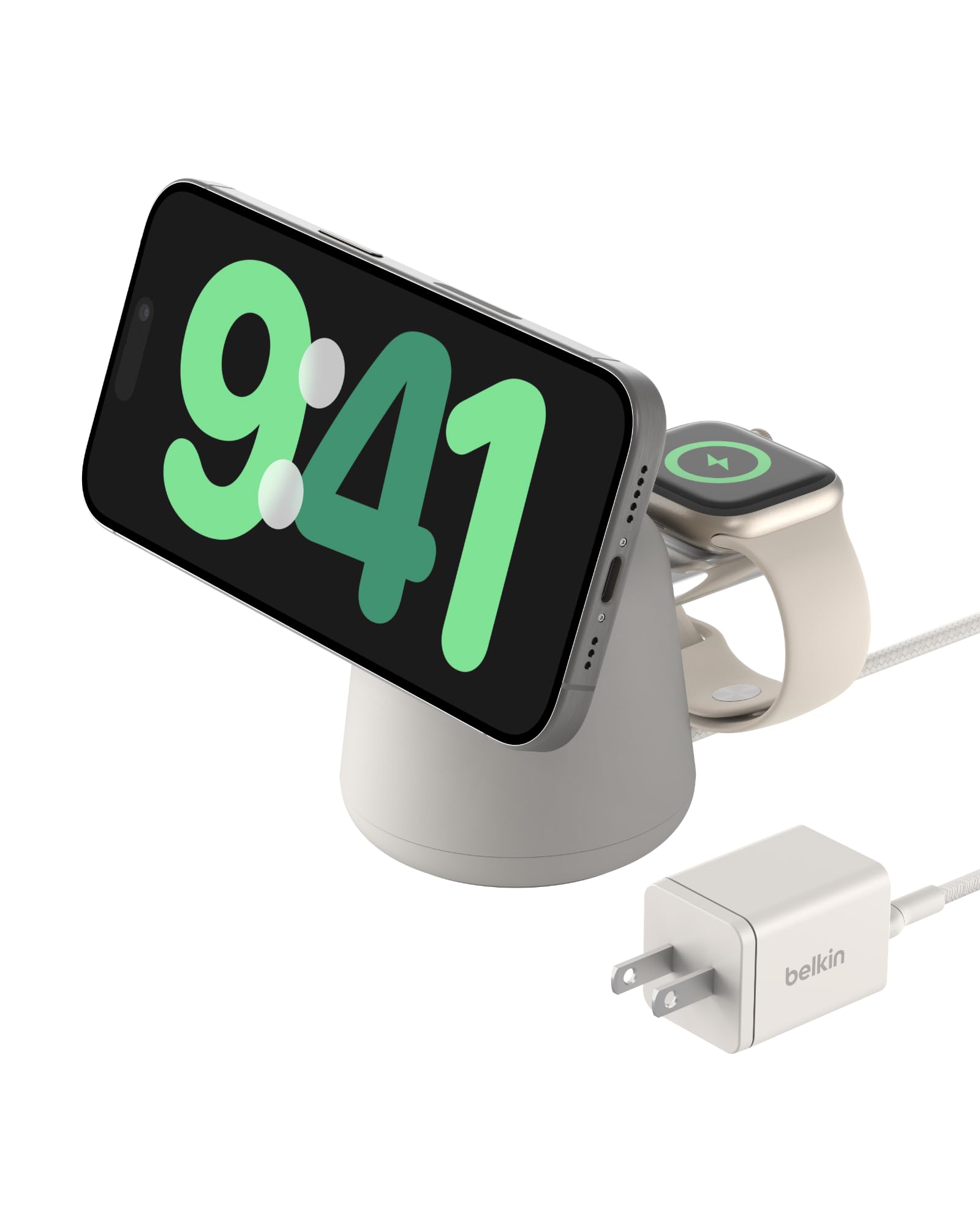 Belkin 2-in-1 MagSafe Wireless Charging Dock 15W Fast Charger for iPhone 16/15/14/13 Series & AirPods | Dual Charging Station with Power Adapter | Perfect for Bedside, Office & Travel (Sand Color)