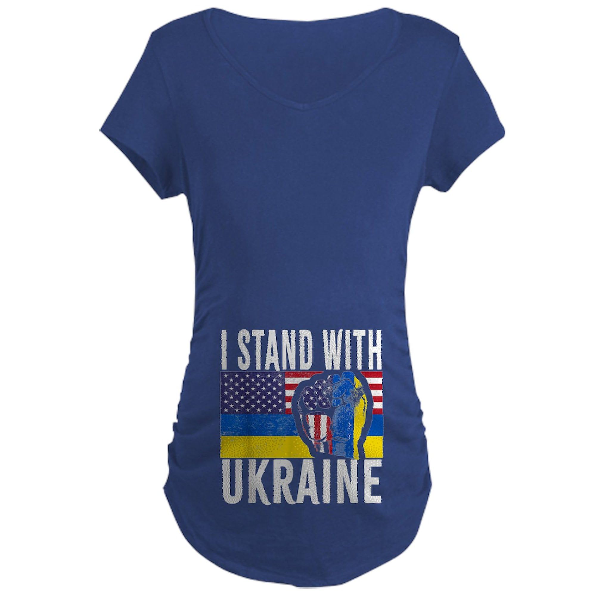 I Stand with Ukraine Flag Maternity T-Shirt for Women - Ruched Side Design for Comfort & Style - Perfect for Pregnancy, Protests & Patriotic Events