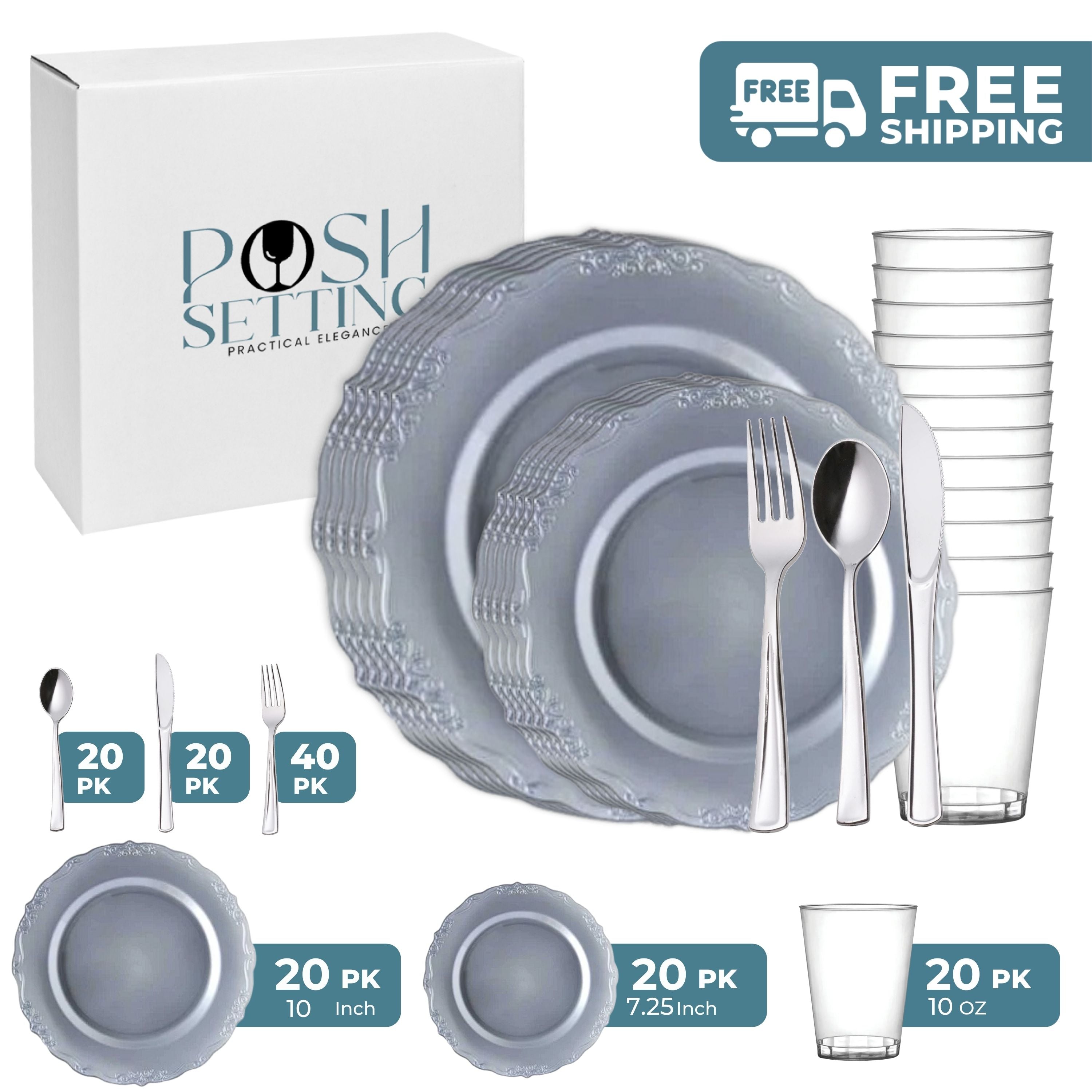 Vintage Silver Plastic Party Bundle - Elegant Disposable Tableware Set for Wedding, Birthday, Anniversary & Holiday Celebrations