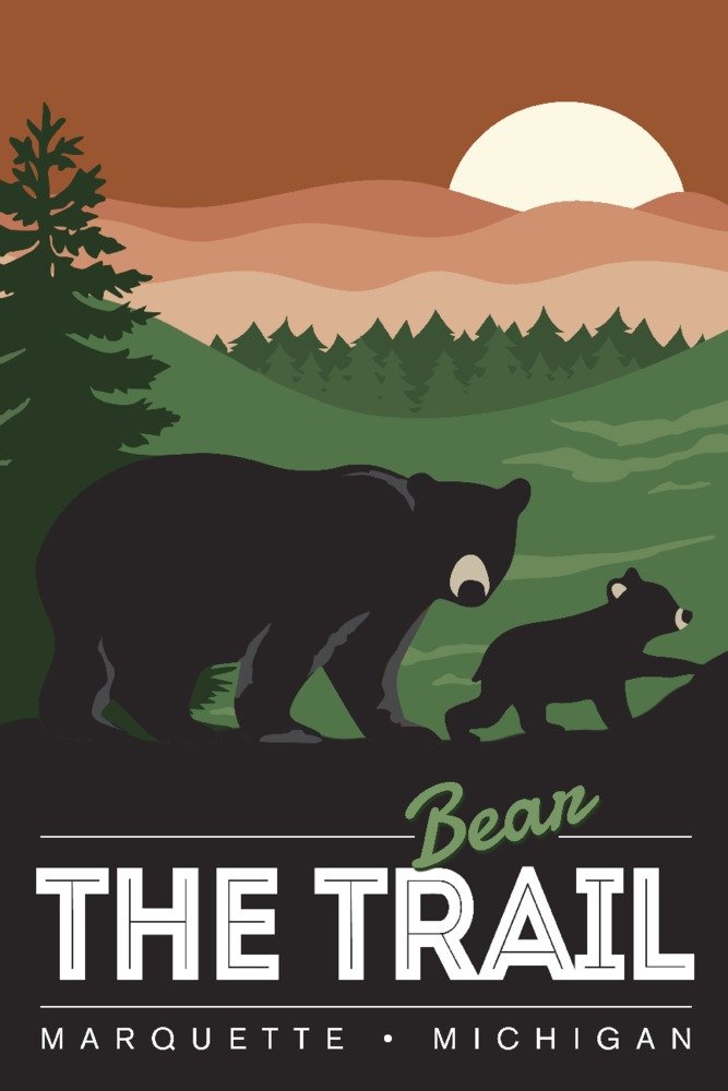 Bear the Trail Marquette Michigan - Vector Style Travel Poster Art (36x54 Giclee Gallery Print) - Perfect for Home Decor, Office Wall Art & Adventure Themed Room Design