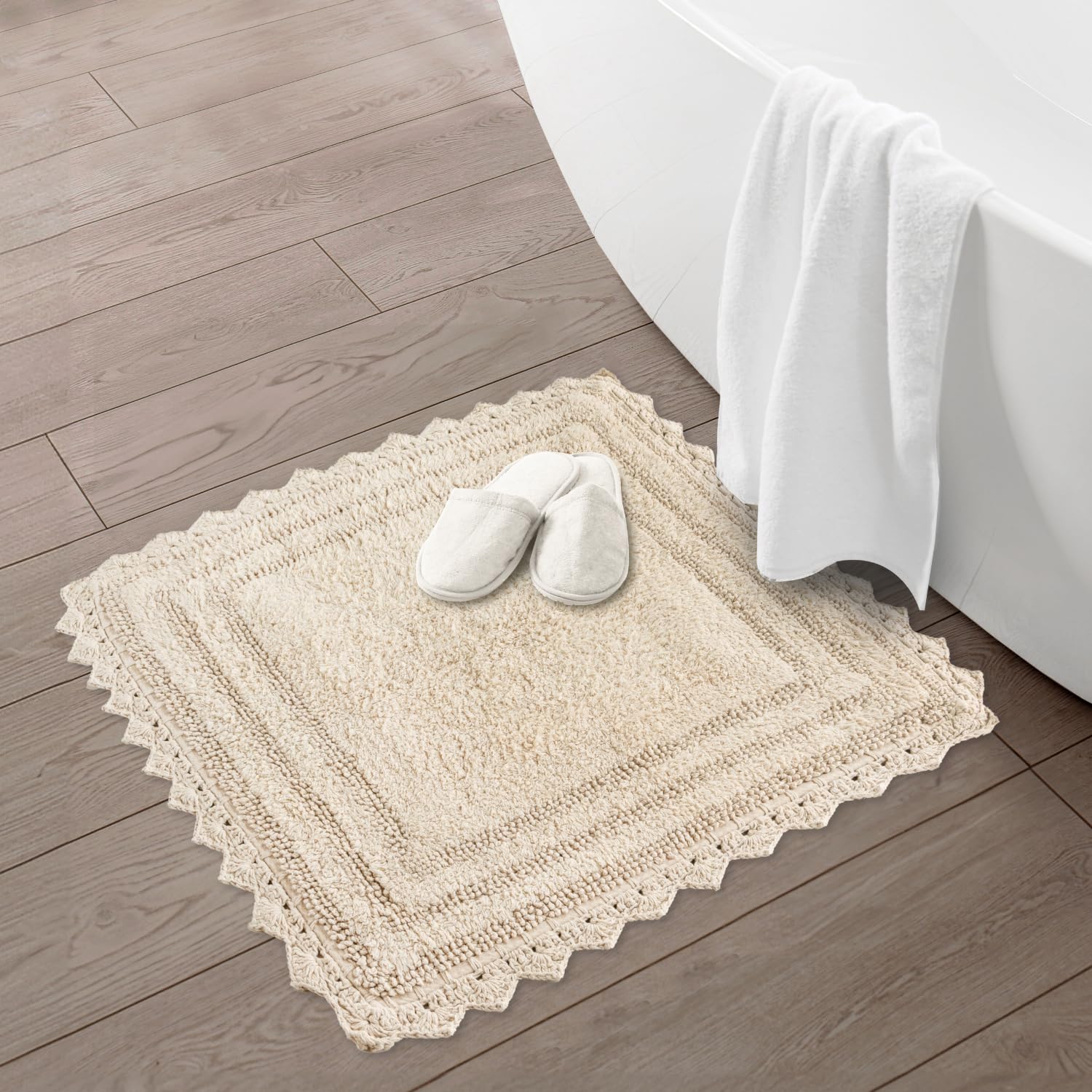 RAJRANG Cotton Crochet Bath Mat - Super Absorbent & Reversible Bathroom Rug for Bathroom, Kitchen, Spa - 24 Inch Square Non-Slip Floor Mat - Perfect for Shower, Bathtub & Vanity Areas
