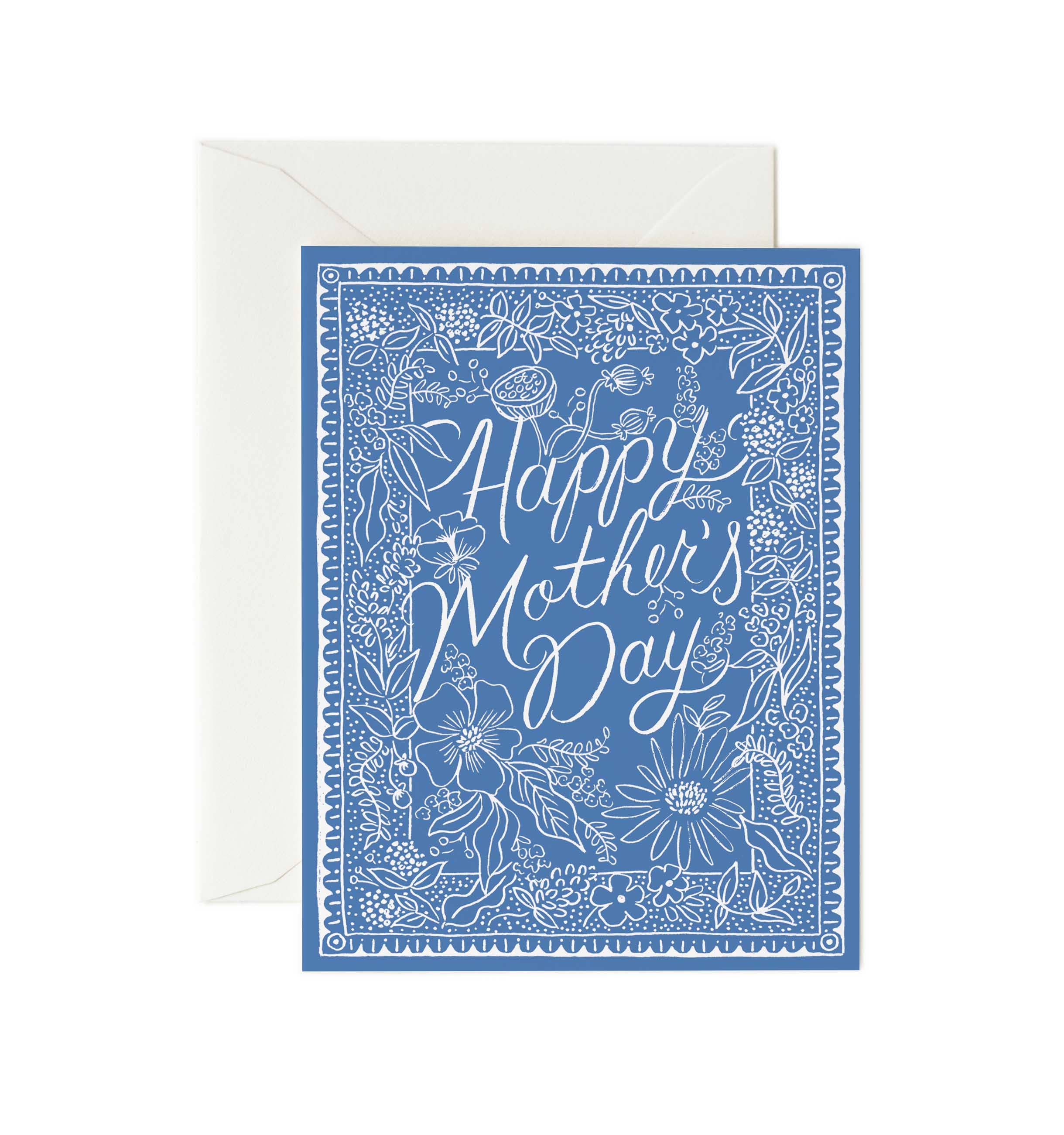 Rifle Paper Co. Delft Floral Mother's Day Card - Elegant Blue Dutch-Inspired Greeting Card for Mom, Perfect for Birthday, Thank You & Special Occasions