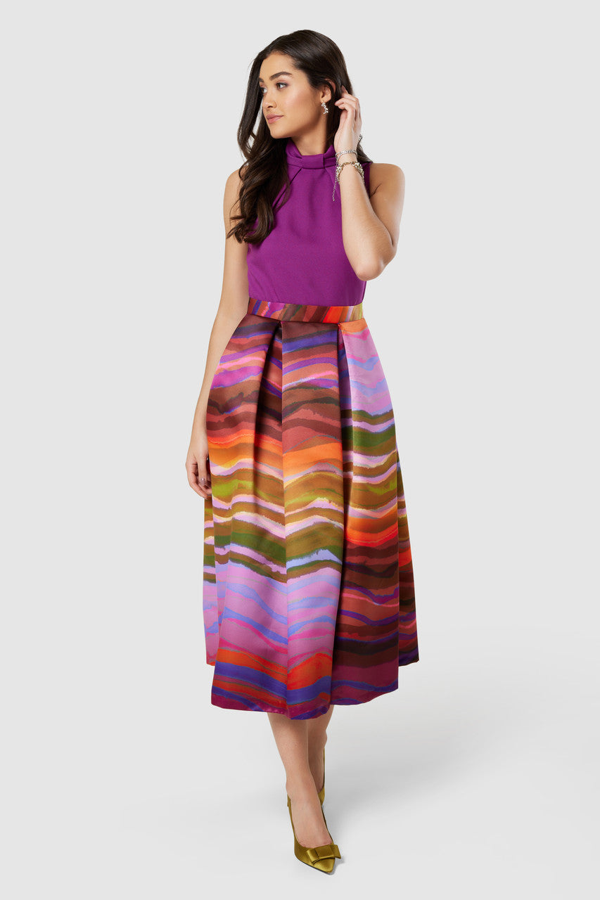 Megan Full Skirt Dress for Women - Elegant Purple Flowy Midi Dress with Elastic Waist | Perfect for Weddings, Parties & Special Occasions