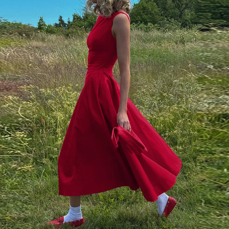 Elegant Backless A-Line Maxi Dress for Women - Solid Color O-Neck Sleeveless Long Gown with High Waist - Perfect for Beach Vacations, Summer Parties & Date Nights