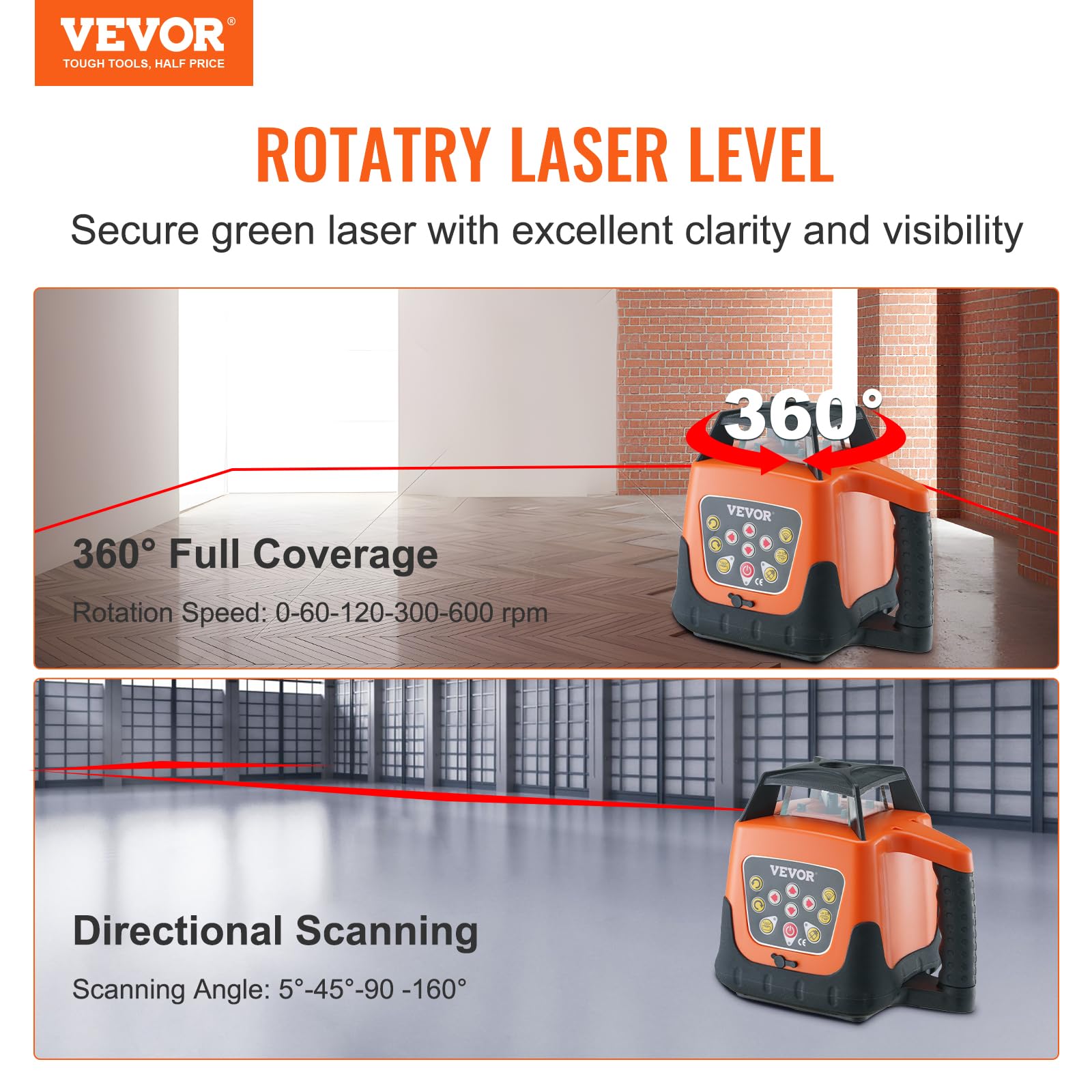 VEVOR 360-Degree Self-Leveling Rotary Laser Level with Remote Control - 1650ft Red Cross Line Laser, 5 Rotation Speeds & 4 Scanning Angles, IP66 Waterproof, Battery Included - Perfect for Construction, Floor Leveling, and DIY Home Projects