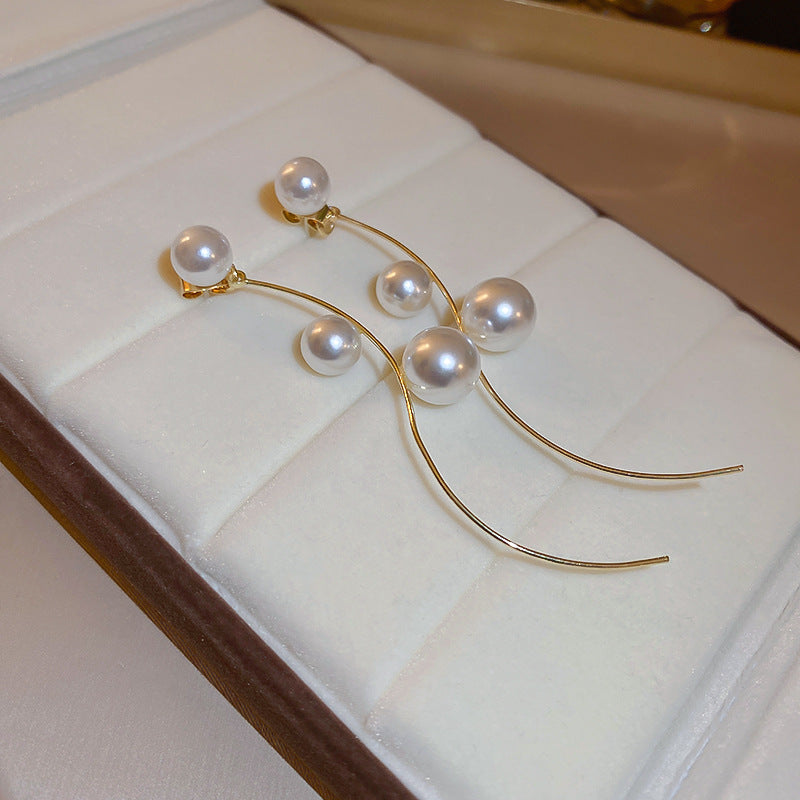 Elegant Classic Curve Pearl Long Drop Earrings for Women | HE10215 | Perfect for Weddings, Parties & Formal Events