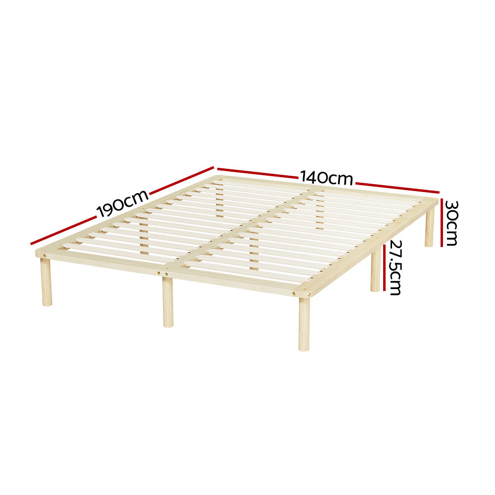 Minimalist Double Wooden Bed Frame - Solid Pine Wood Platform Bed with Headboard - Perfect for Modern Bedrooms, Guest Rooms & Small Spaces