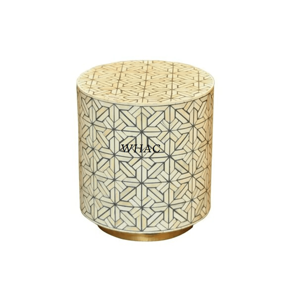 Handmade Bone Inlay Round Coffee Table - Vintage Boho Cylinder Design Side Table for Living Room, Bedroom & Lounge Decor